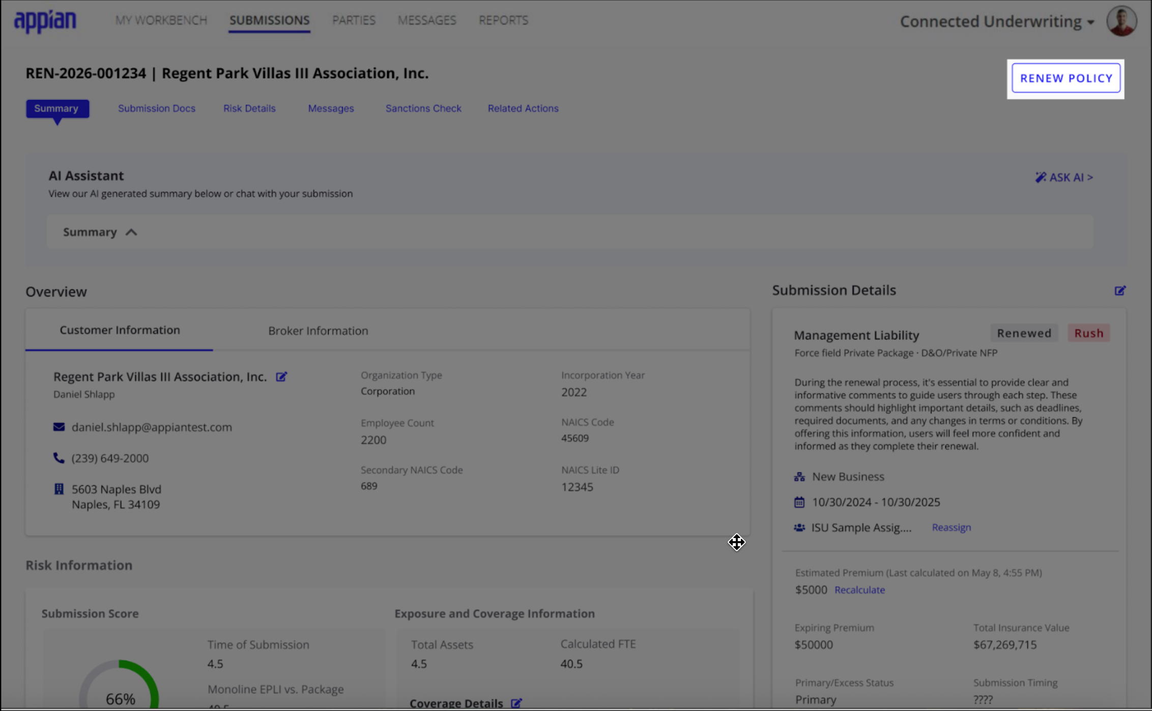 Policy summary with RENEW POLICY button to create a pre-filled submission