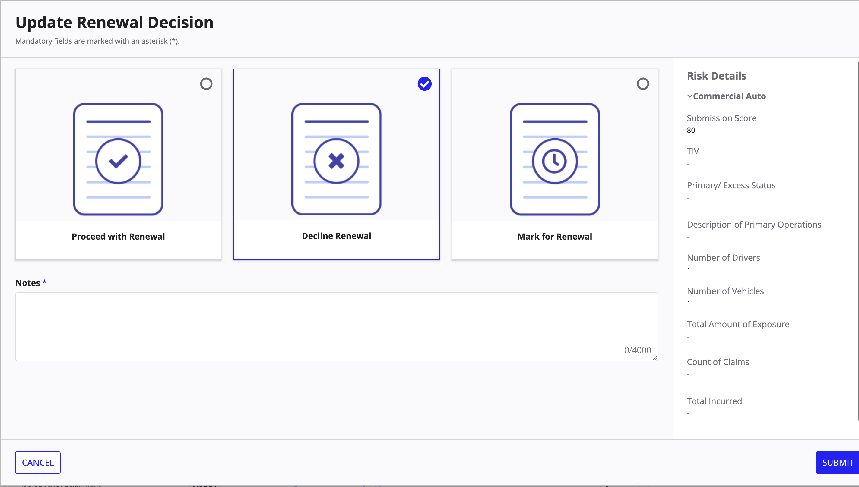 Renewal decision dialog with Approve, Decline, and Mark for Renewal options