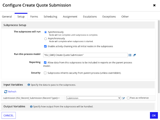 ISU Submit Submission Decision process model with ISU_GWQ Create Quote Submission subprocess node configuration