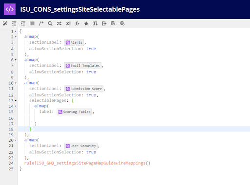 ISU_CONS_settingsSiteSelectablePages with ISU_GWQ_settingsSitePageMapGuidewireMappings rule appended