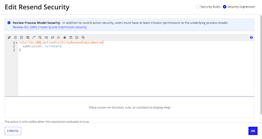 Resend action security expression using ISU_GWQ_actionVisiblityResendToGuidewire rule