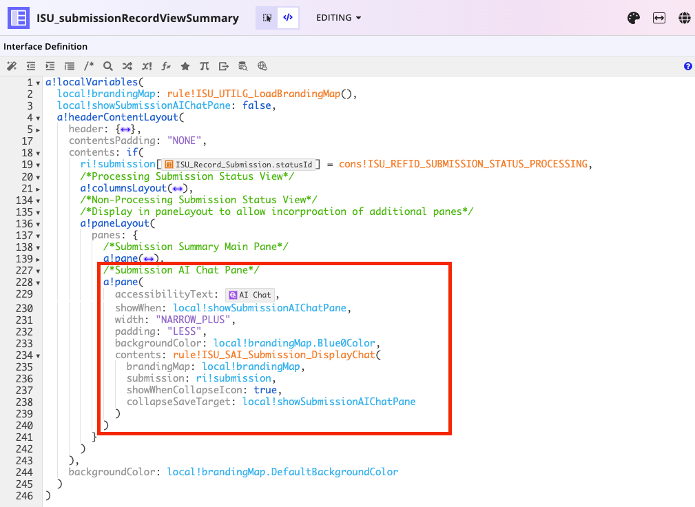 ISU_submissionRecordViewSummary interface with ISU_SAIC_submissionRecordChatCard code block added