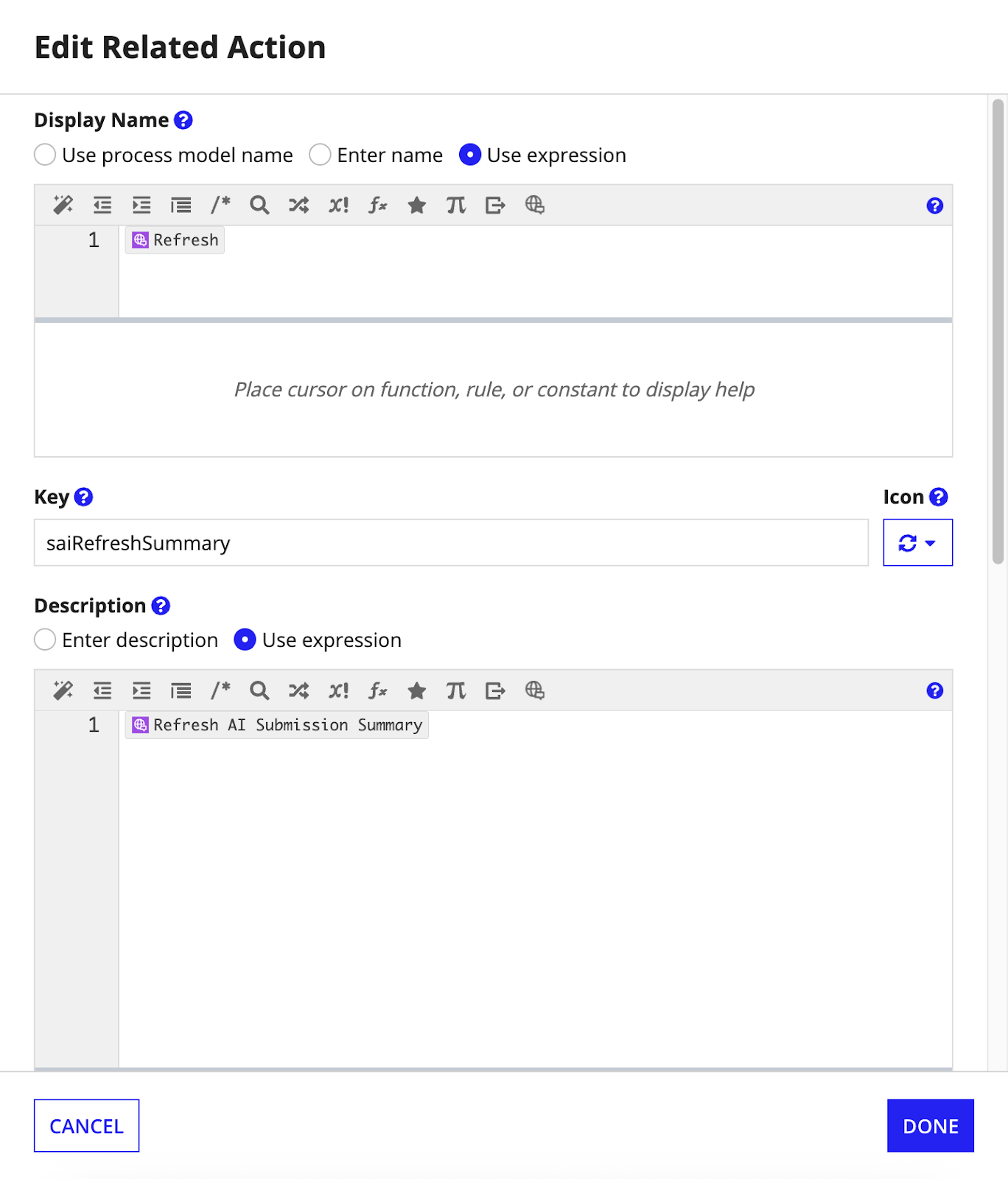 Configure New Action Manually dialog with Refresh Summary action settings