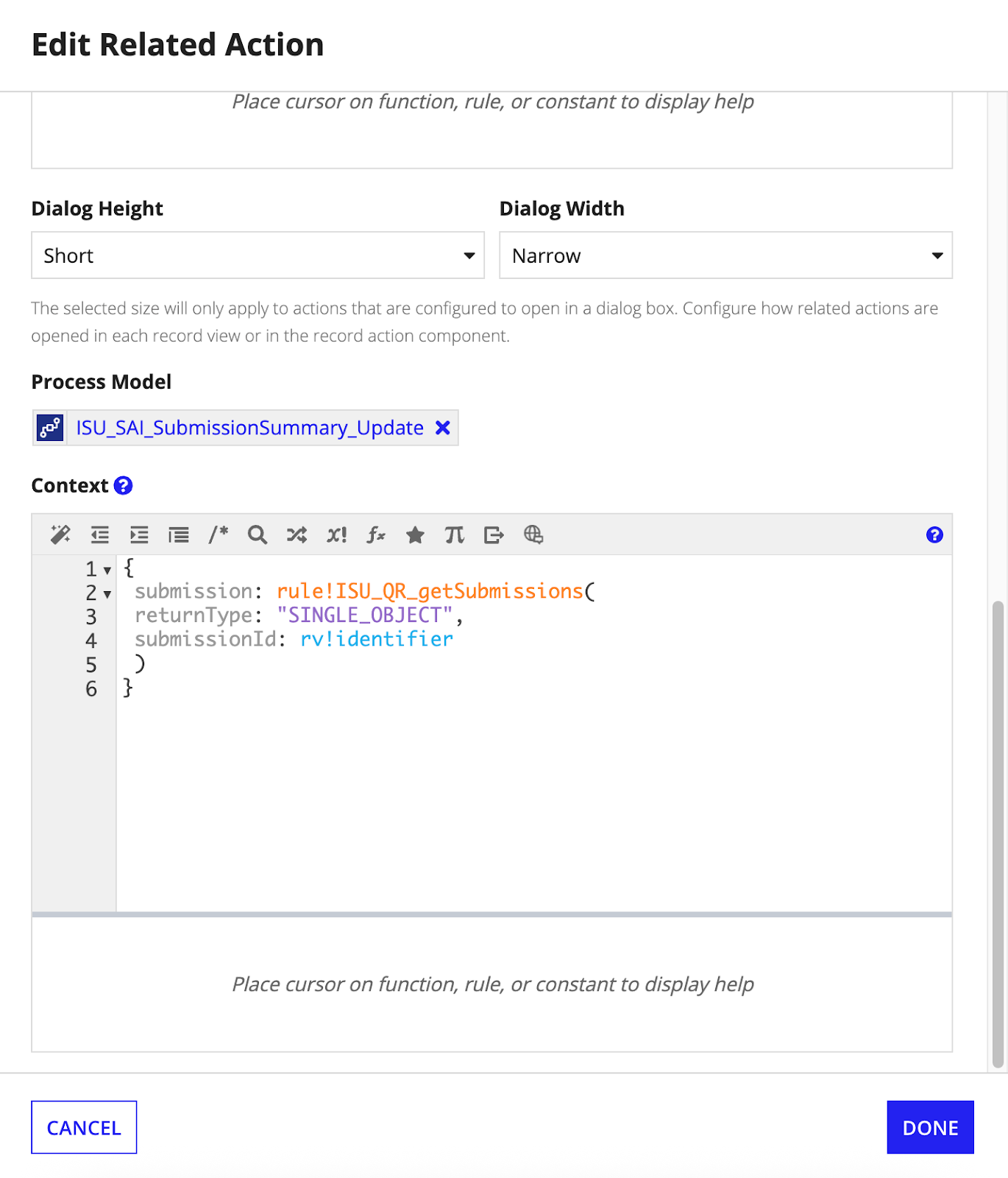 Refresh Summary action context and process model configuration