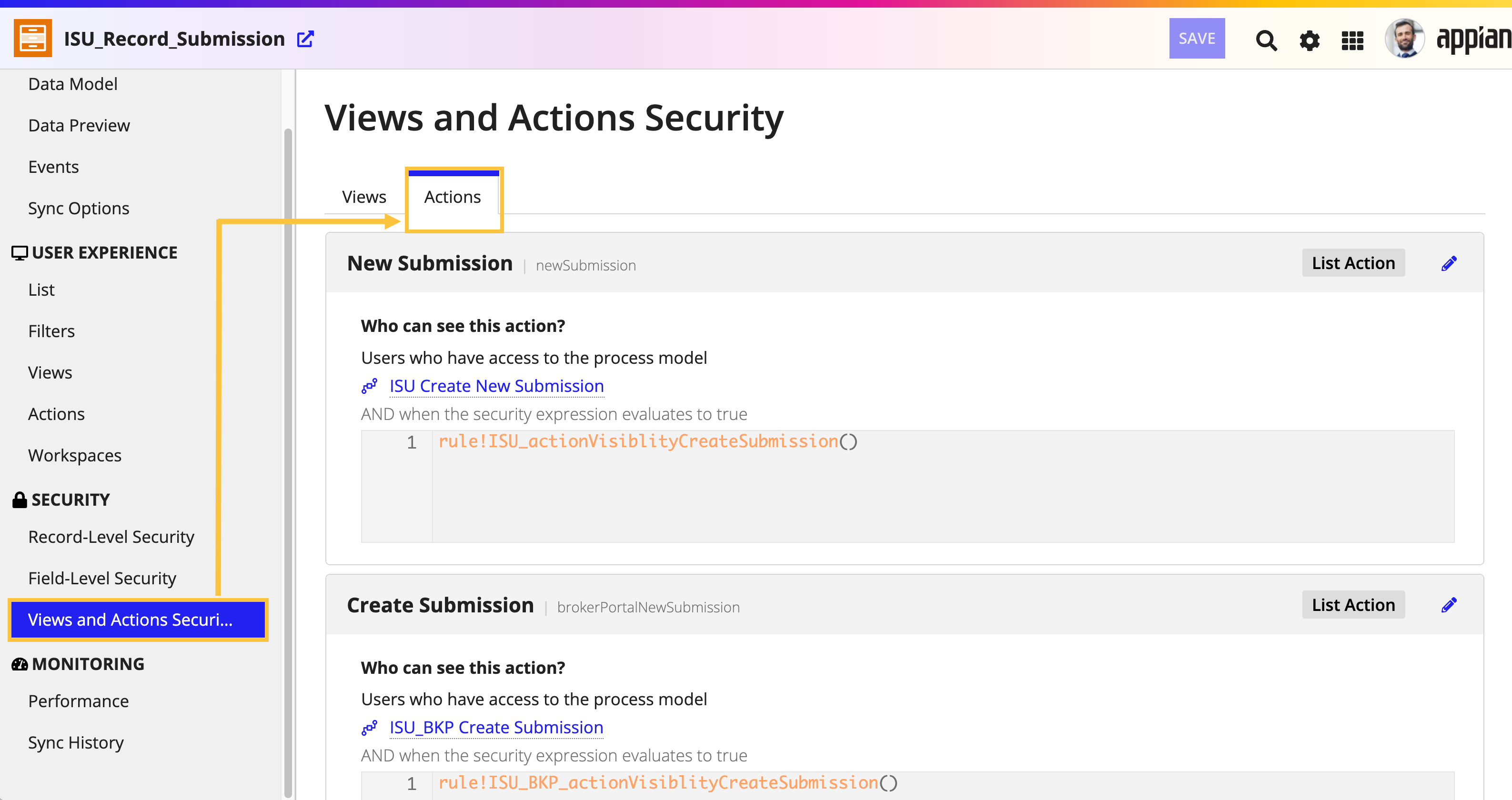 Views and Actions Security tab showing the Actions list