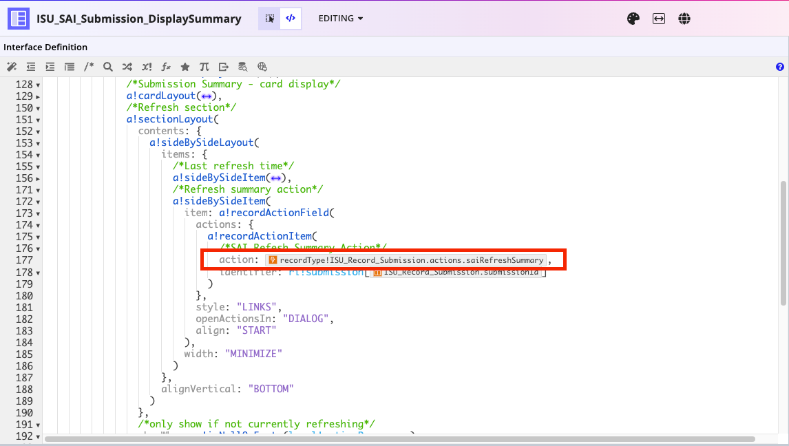 ISU_SAI_Submission_DisplaySummary interface with recordActionField referencing Refresh action