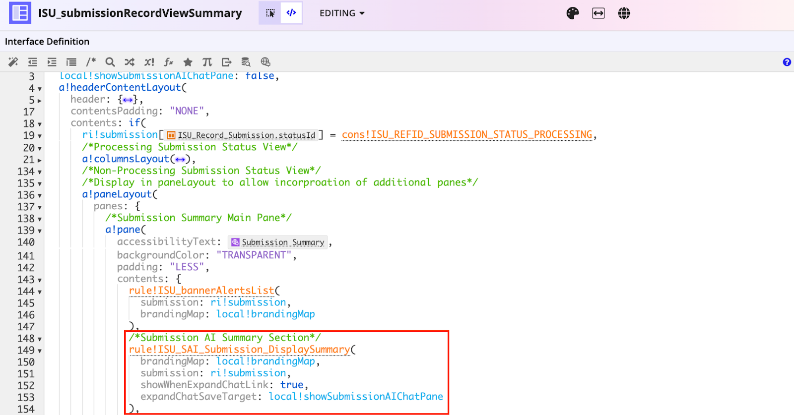 ISU_submissionRecordViewSummary with ISU_SAI_Submission_DisplaySummary rule call added