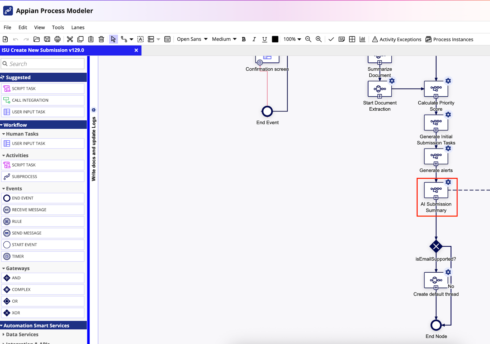 ISU Create New Submission process model with AI Submission Summary subprocess node added