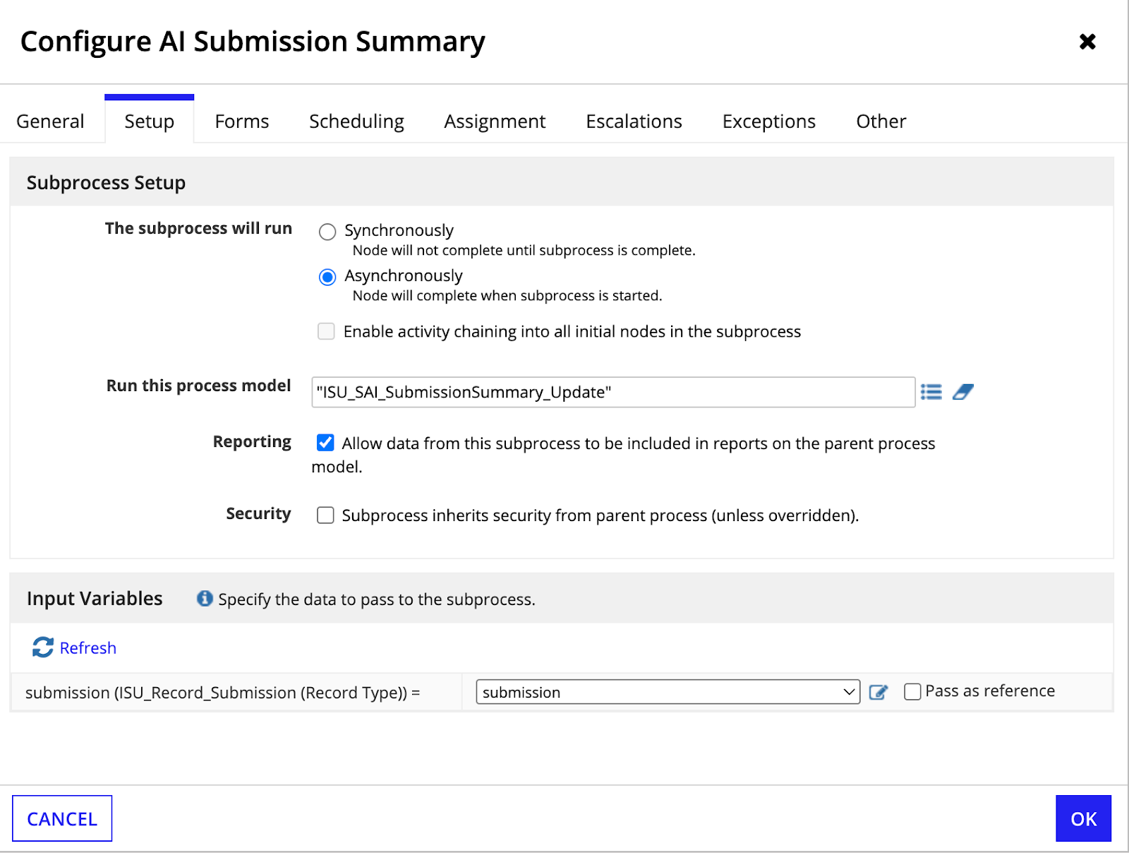 Setup tab configuration for the AI Submission Summary subprocess in Complete Submission Processing
