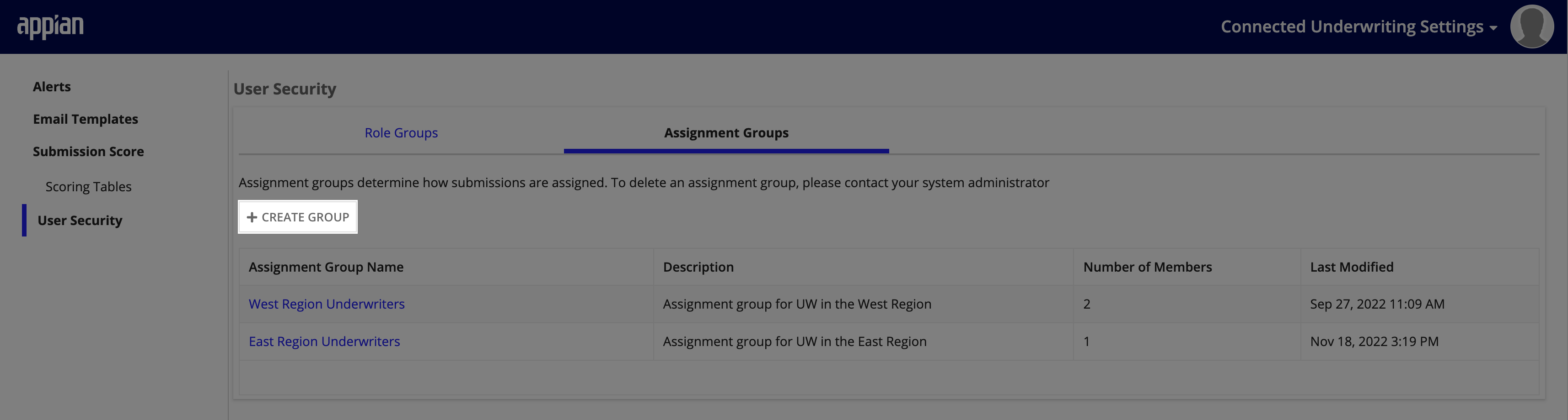 Create Assignment Group form with name, description, and members fields
