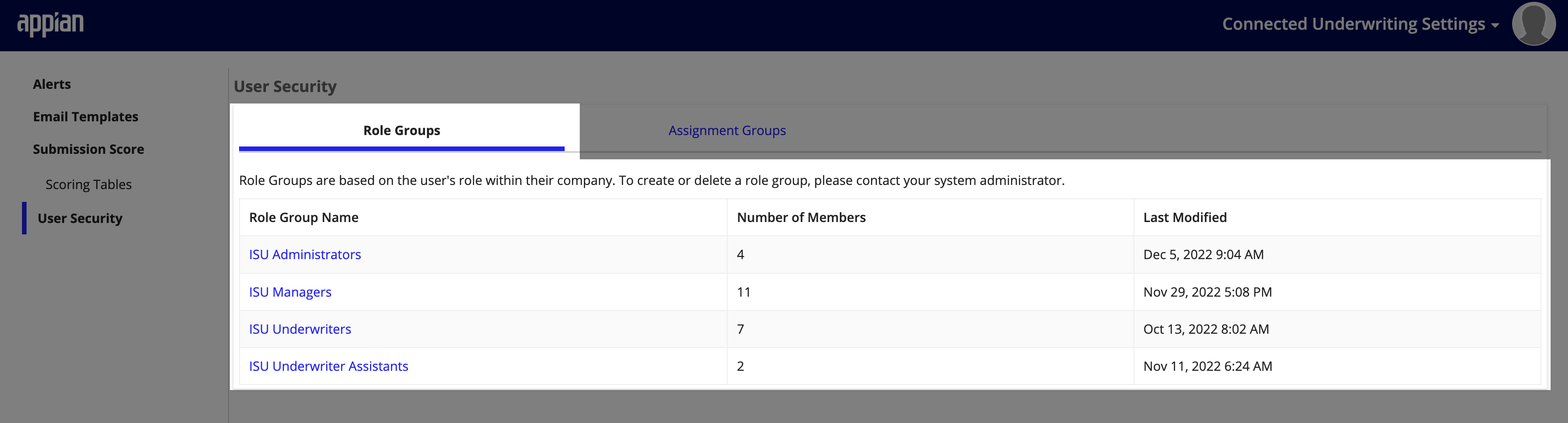 Role Groups list showing available security groups and their descriptions