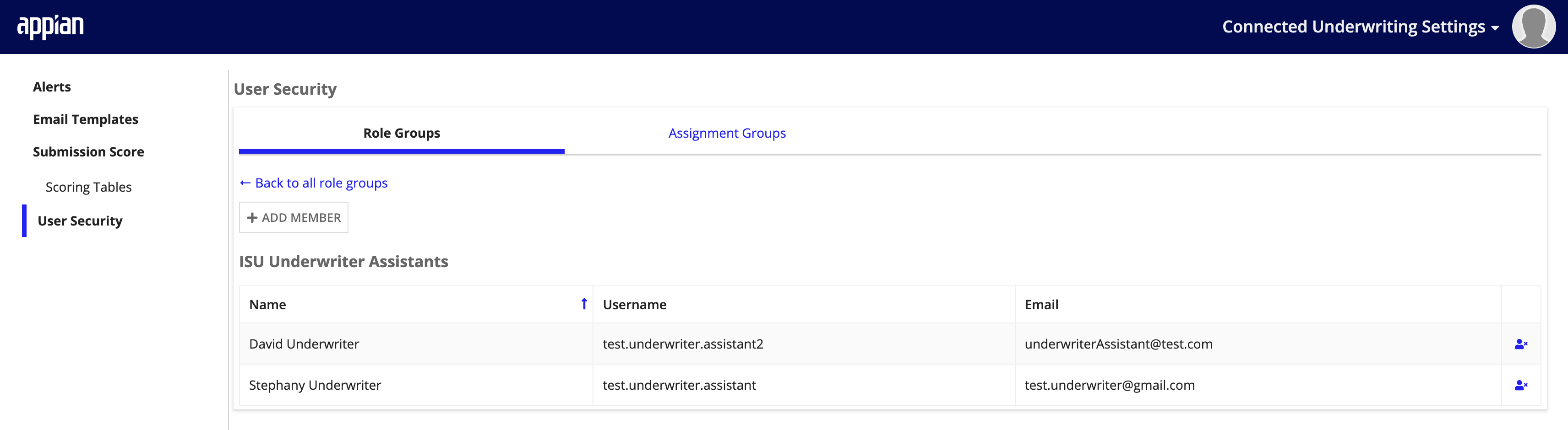 Group members list showing usernames and roles within a selected group