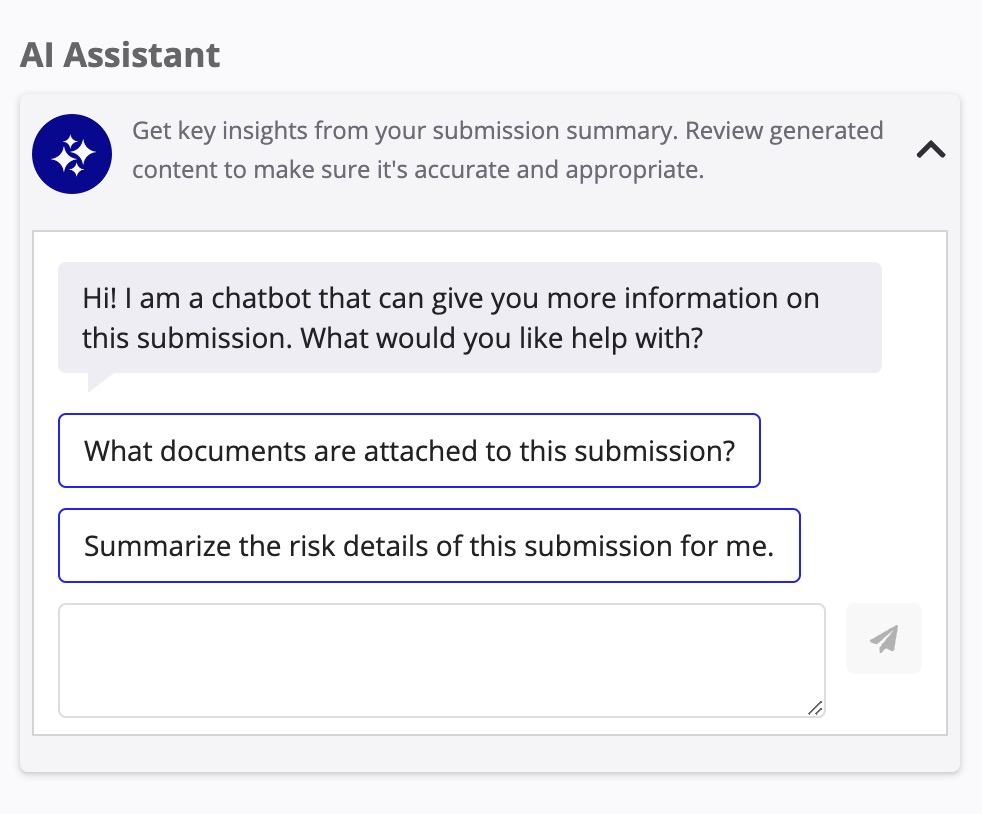 AI chatbot interface showing a query about submission documentation