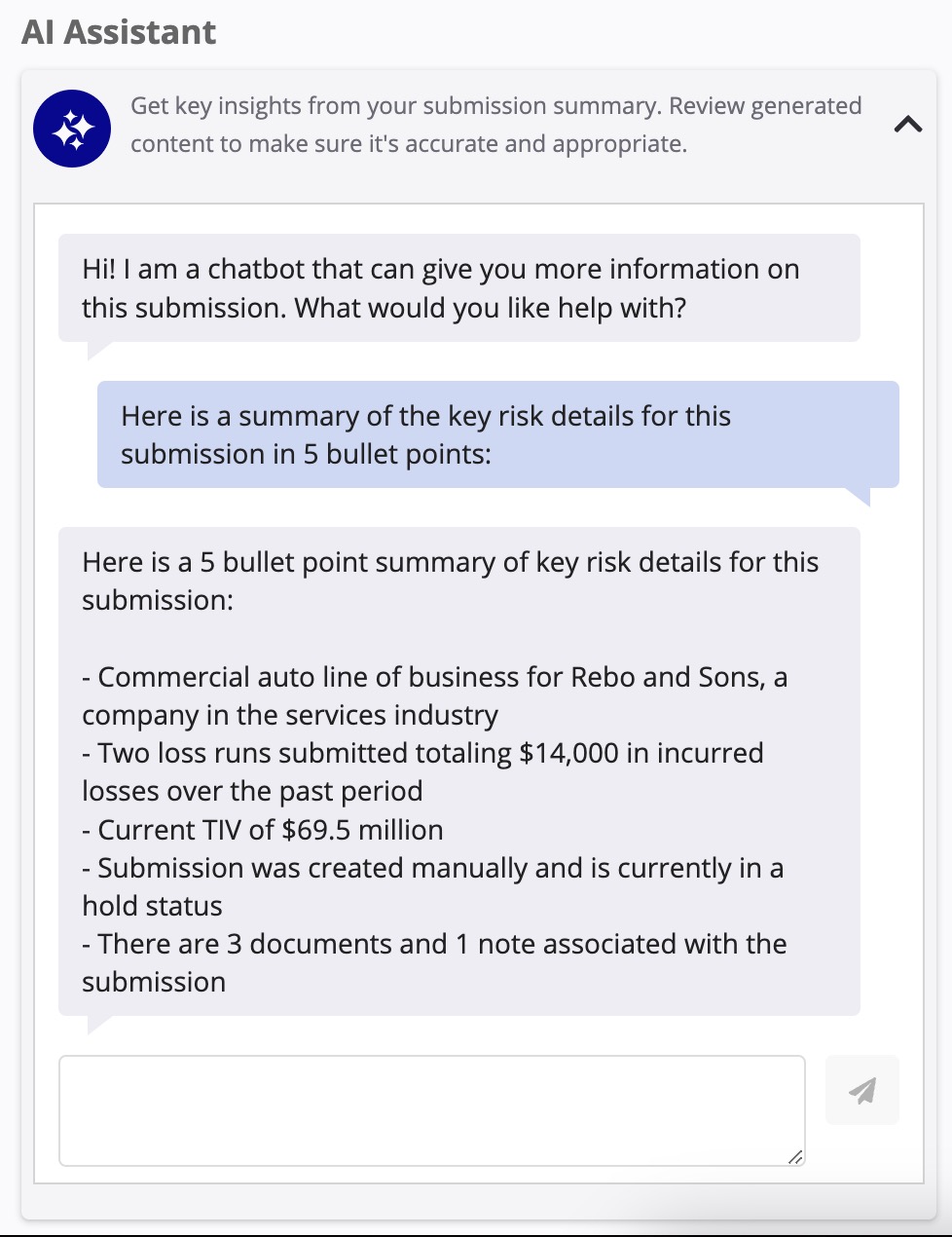 AI chatbot response providing a submission summary with key details