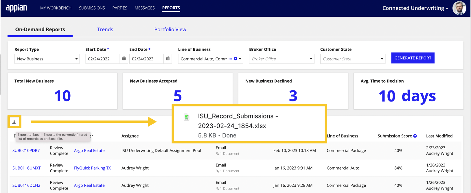 On-demand report with download icon to export to Excel