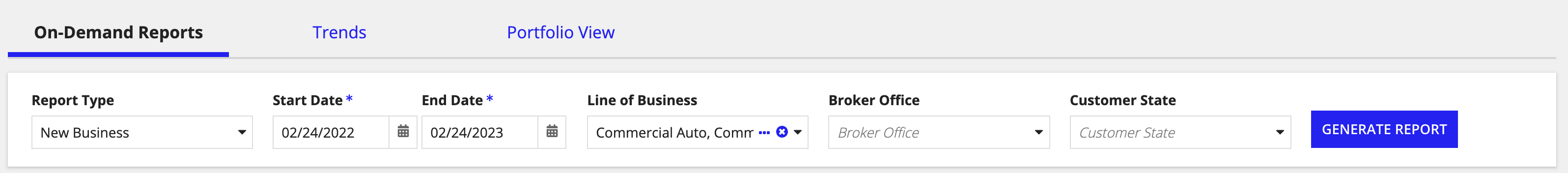 On-Demand Report tab with filter options for Report Type, Date Range, LOB, Broker Office, and Customer State