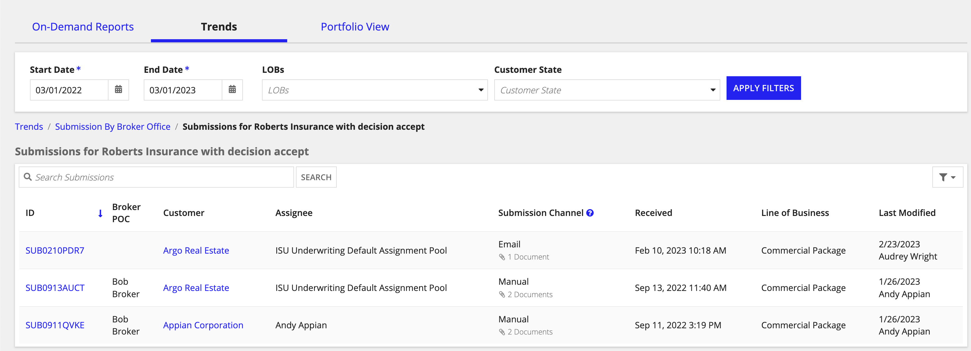 List view of submissions with accept or decline decision for a selected broker office