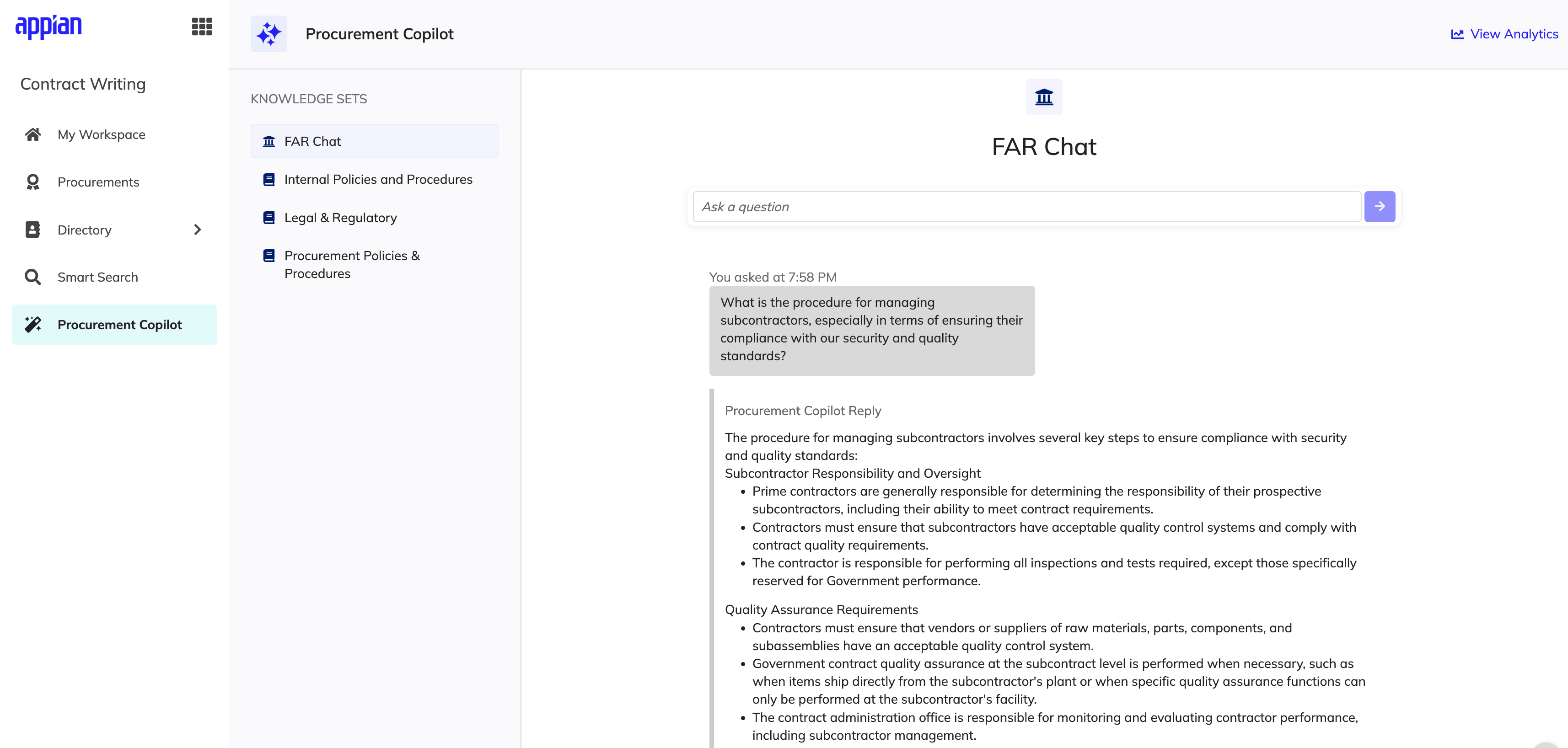 Procurement AI Copilot overview interface showing chat and analytics features