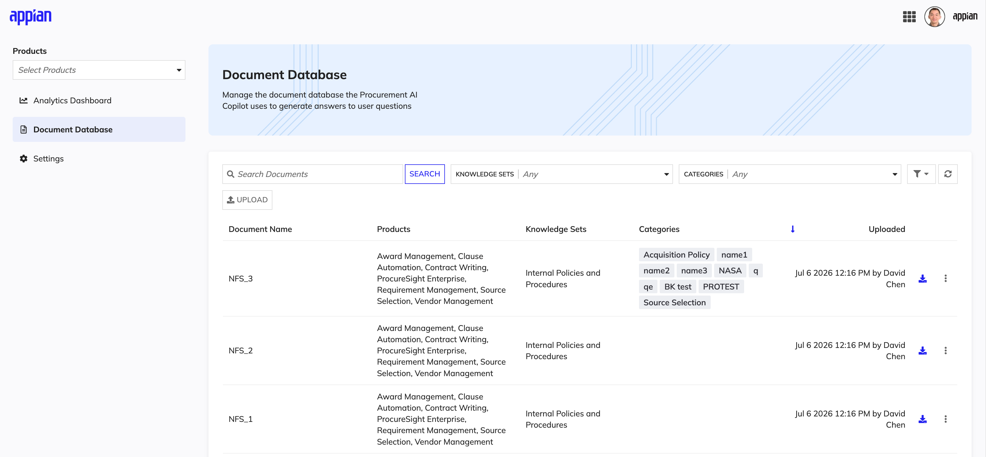 AI Copilot document management page showing knowledge set assignments and filters