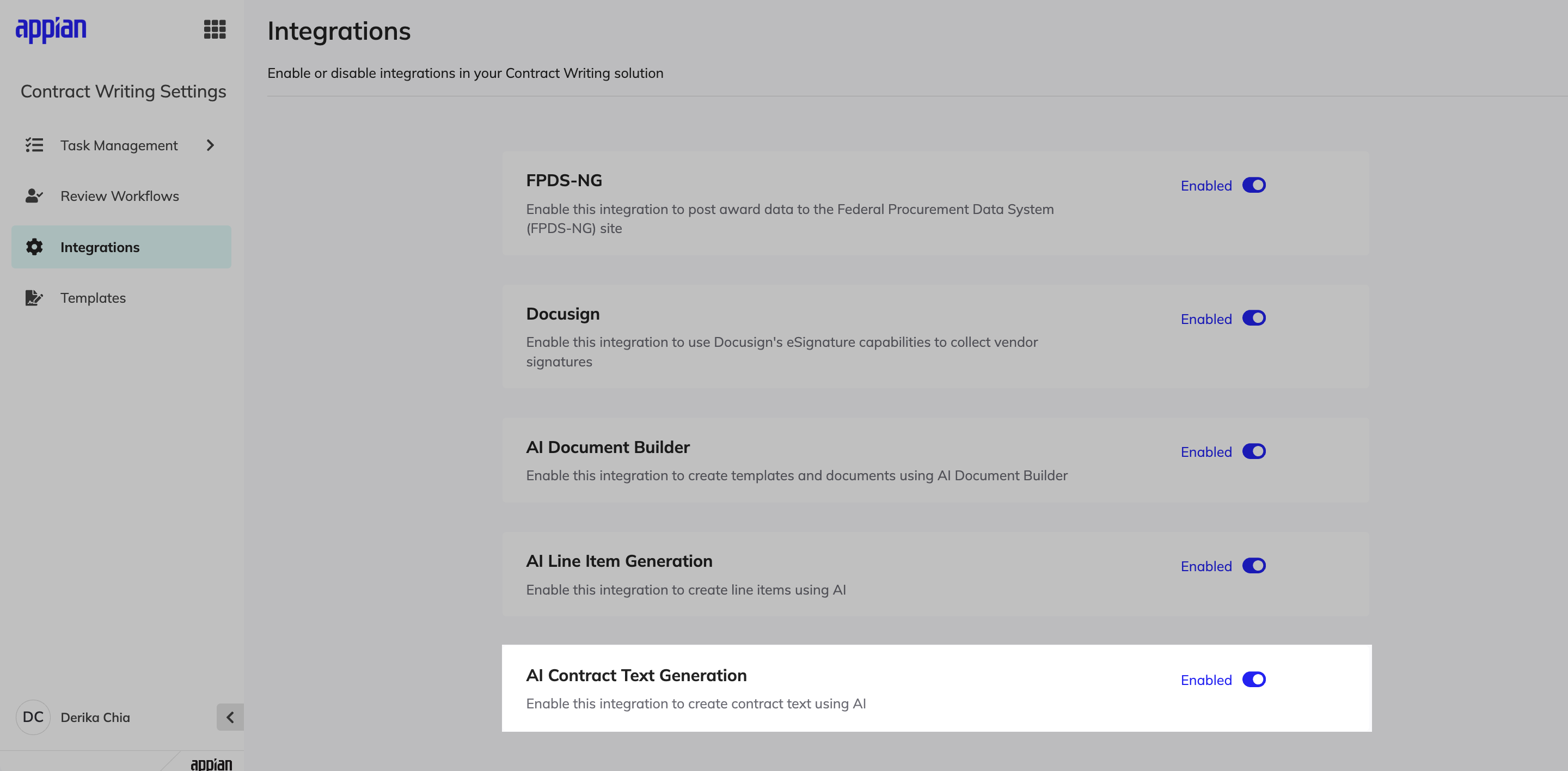 Contract Writing Settings Integrations tab with the AI Contract Text Generation toggle set to Enabled