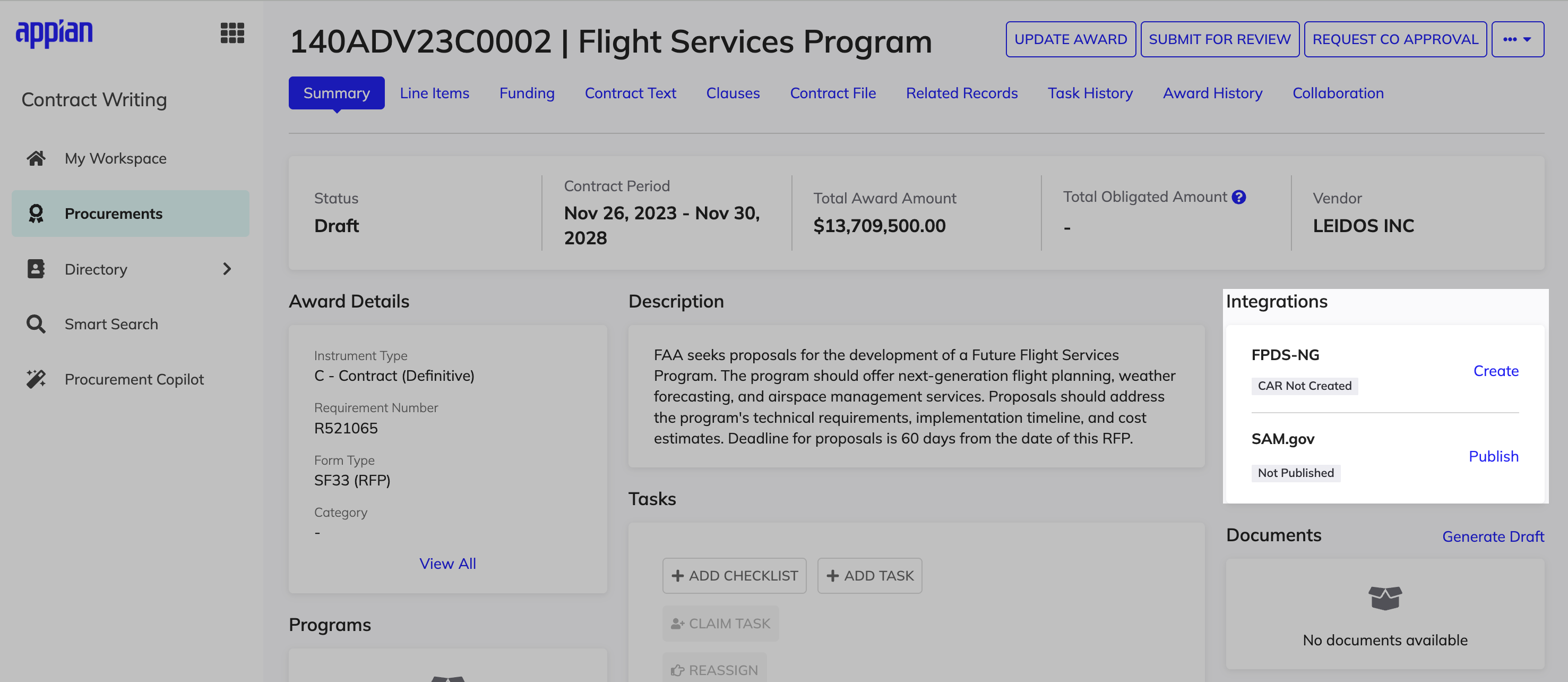 Contract Writing award summary view showing status, contract period, total award amount, vendor, integrations, tasks, and available action buttons