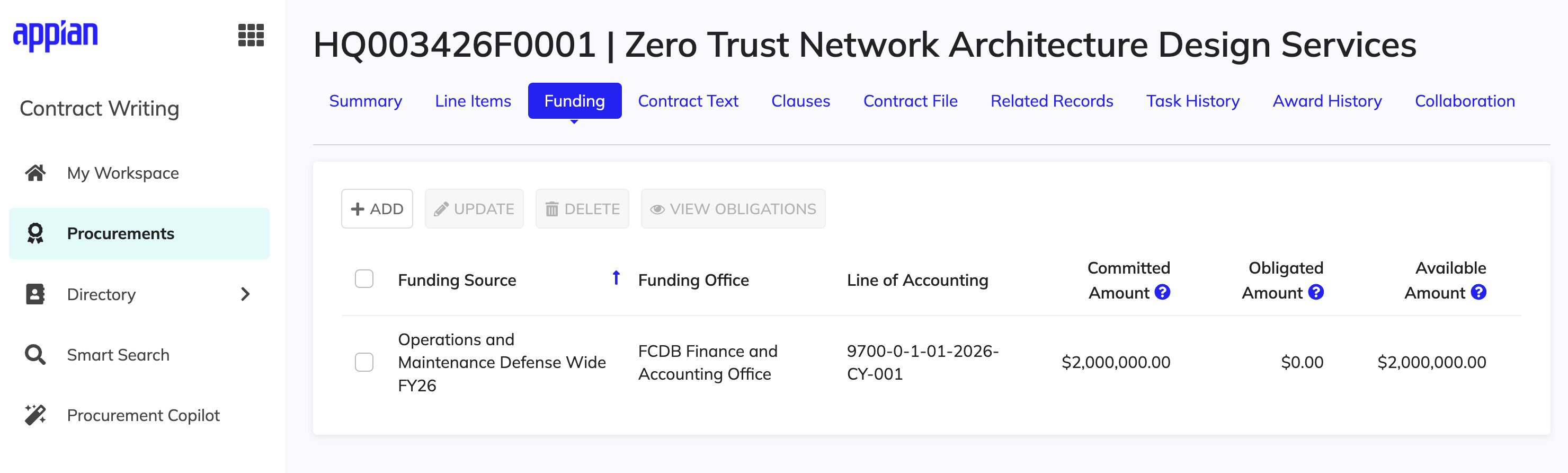 Contract Writing award Funding tab showing funding sources with obligated and available amounts