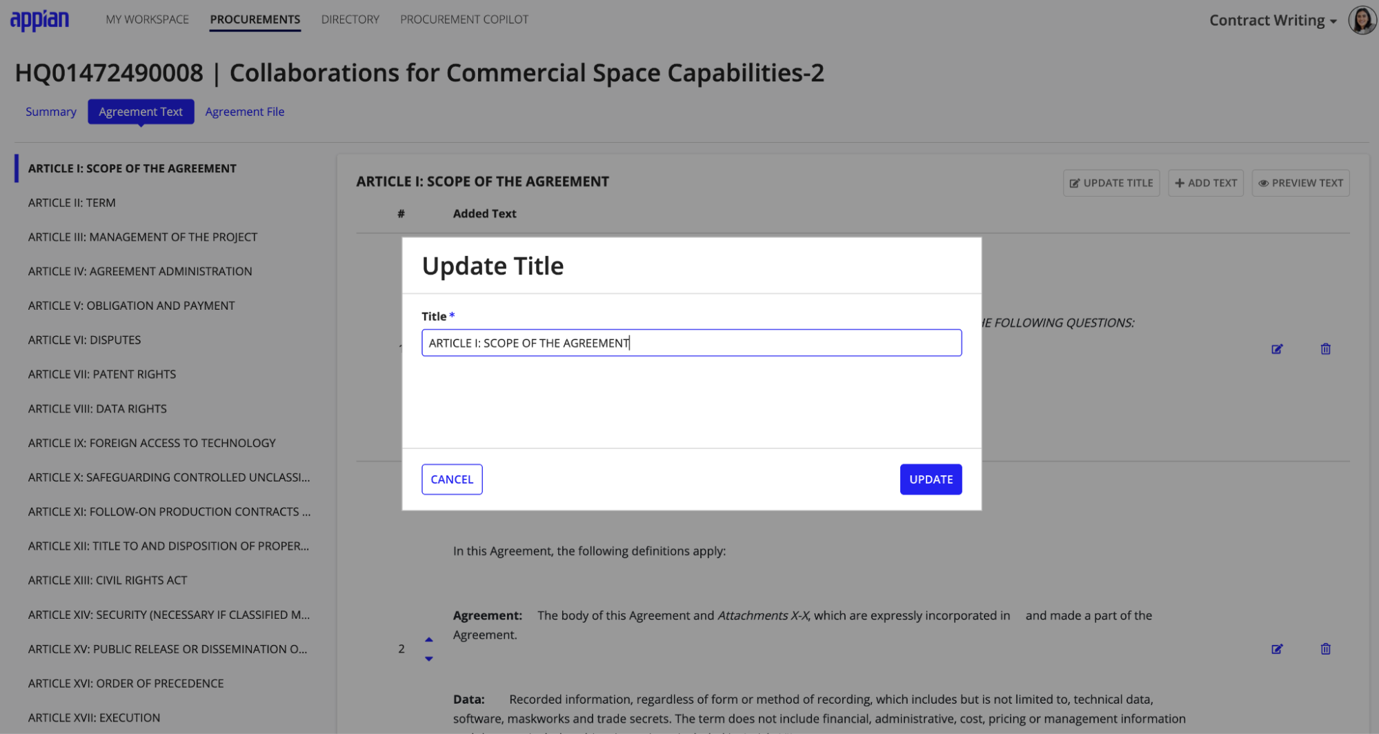 Agreement text editor with AI assistance option