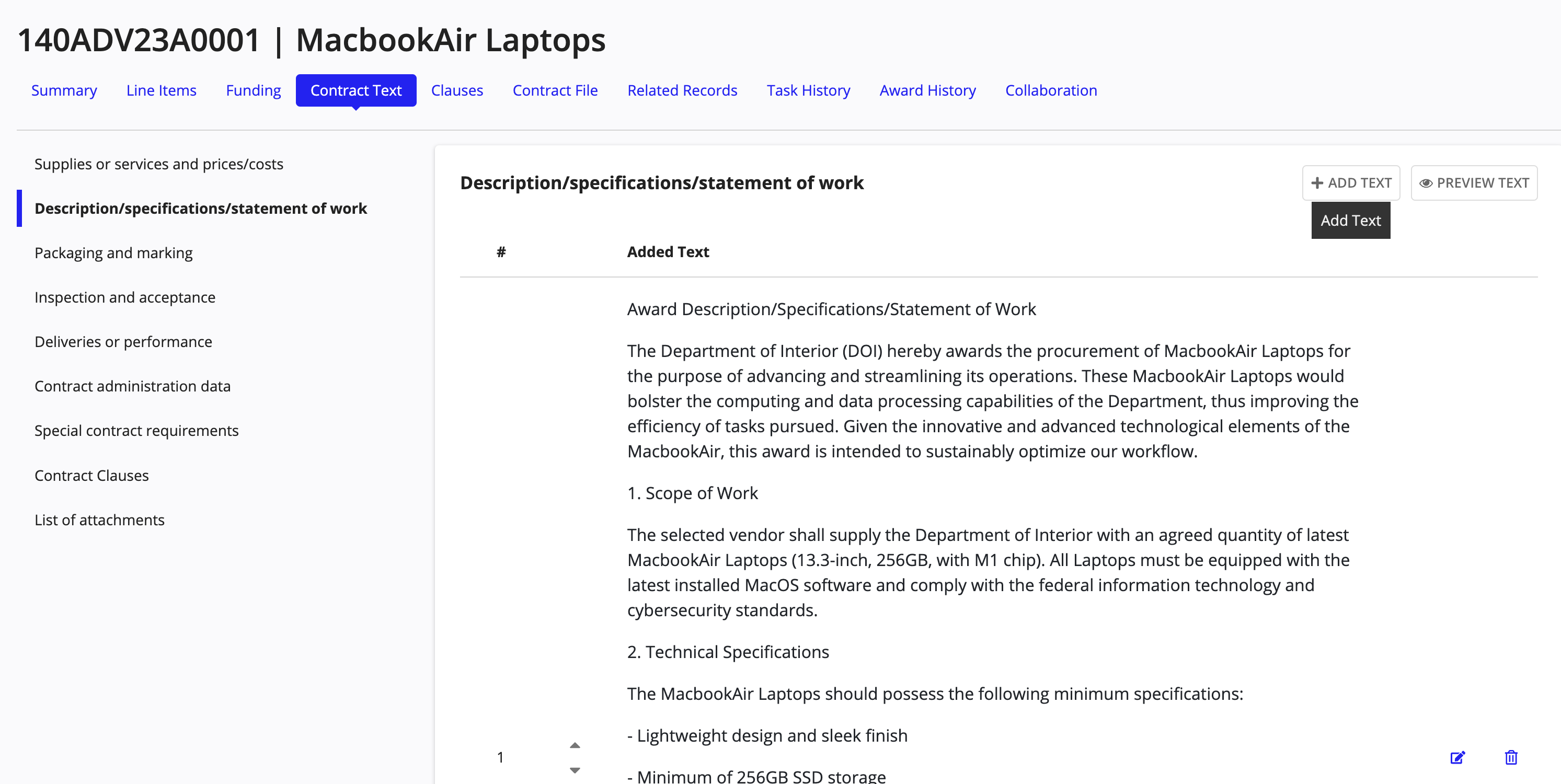 Award contract text editor