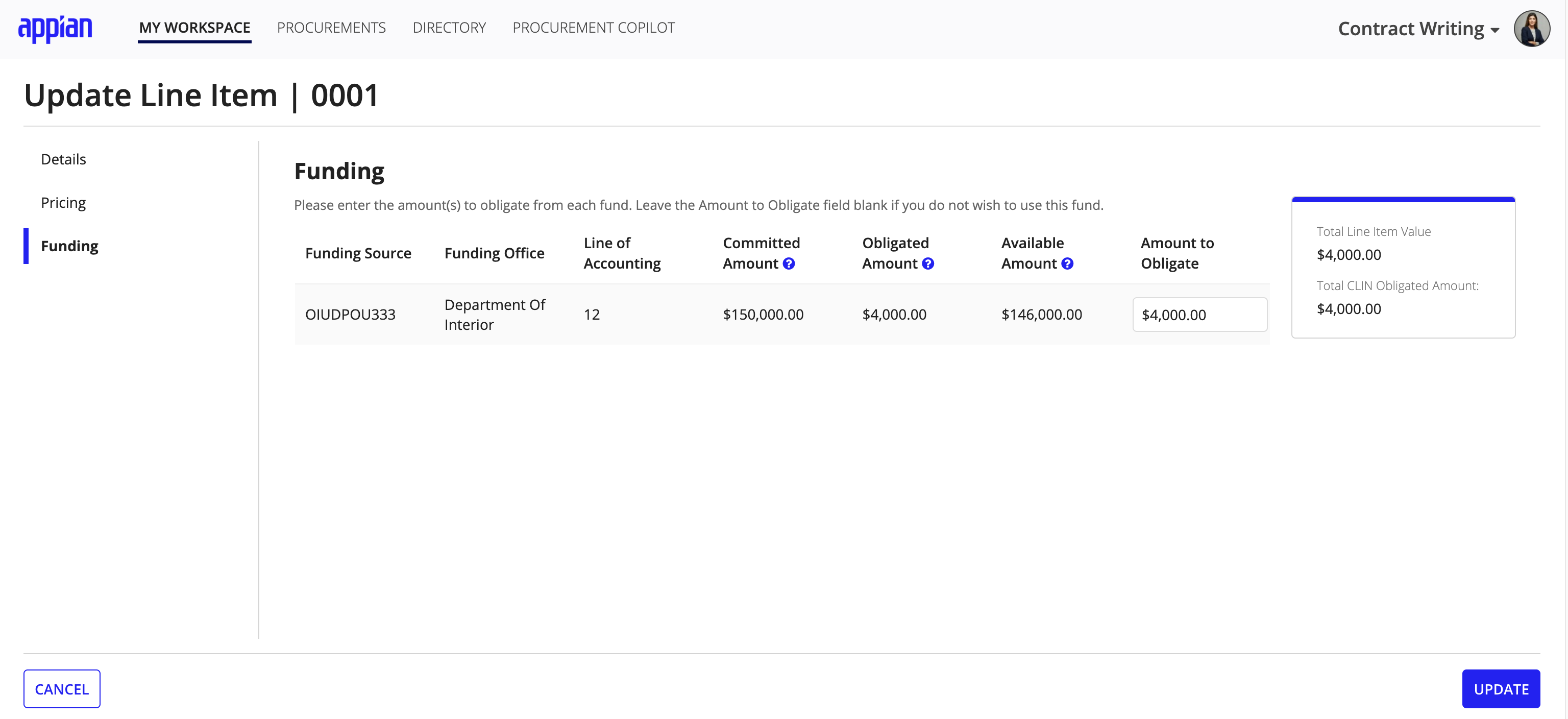 Obligate funding at the line item level