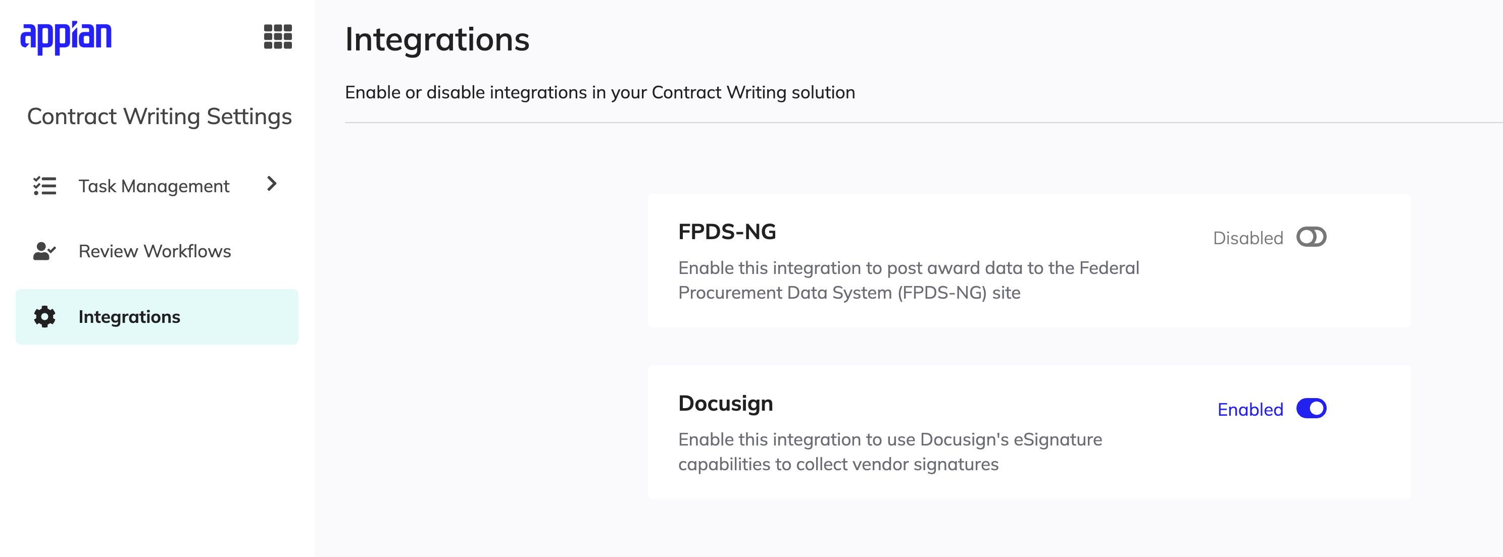 Contract Writing Settings site Integrations page