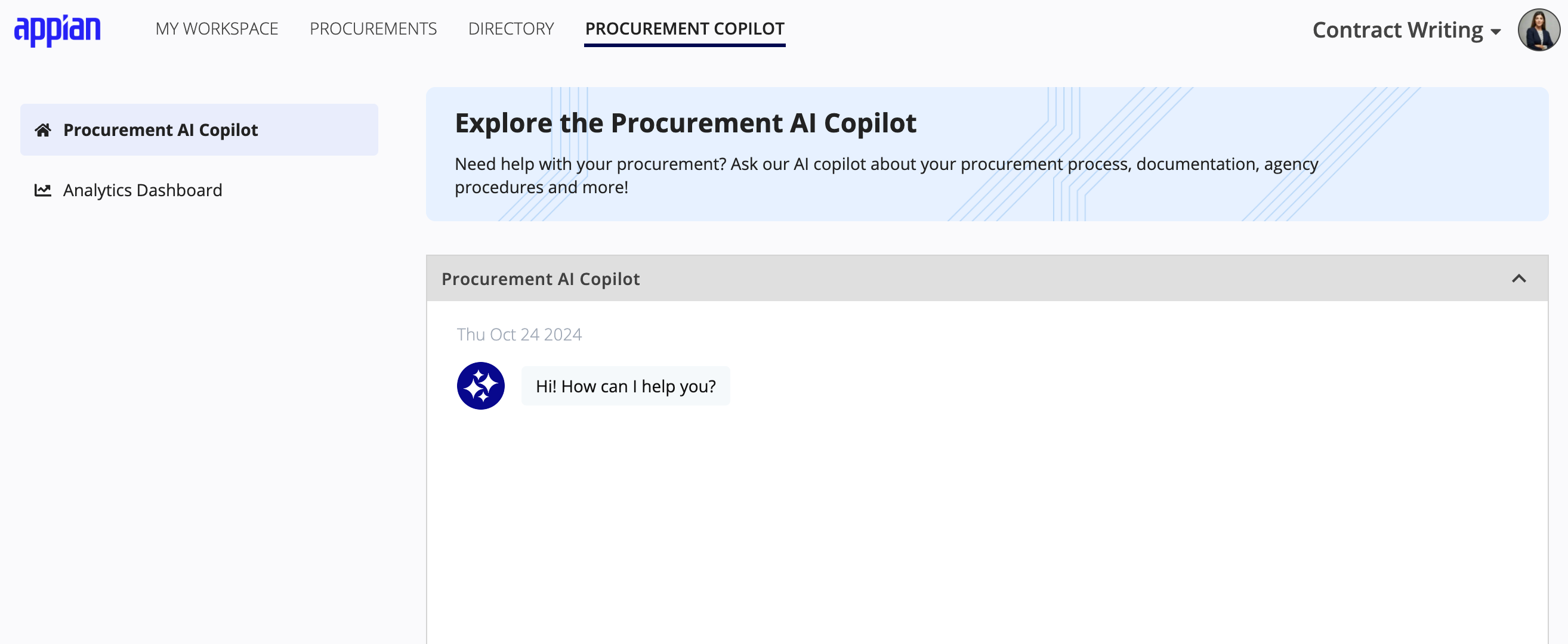 Procurement AI Copilot page in Contract Writing