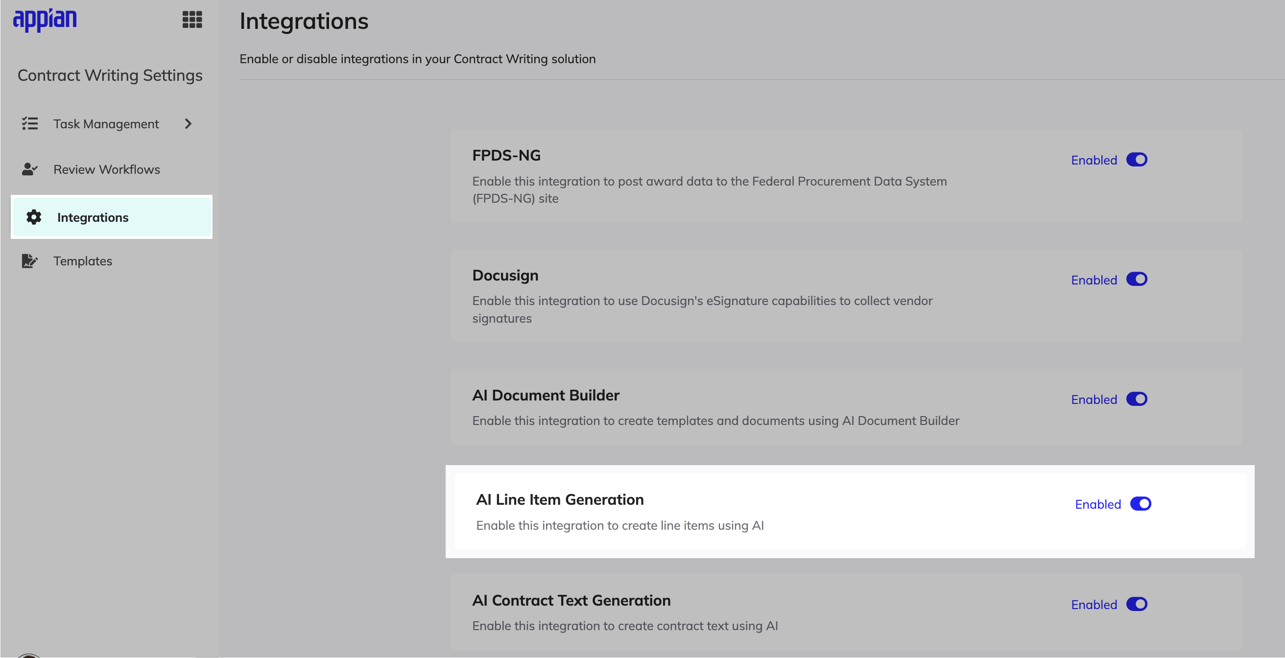 AI Line Item Generation toggle on the Integrations page
