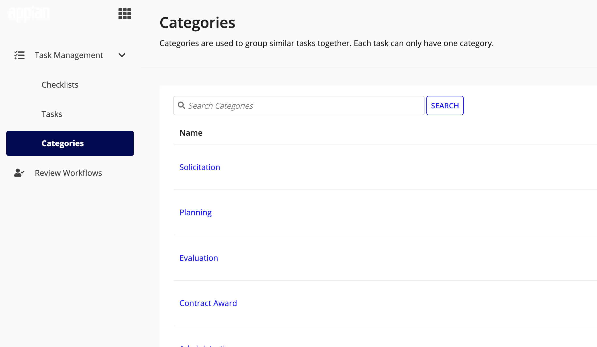 Categories page showing configurable task categories