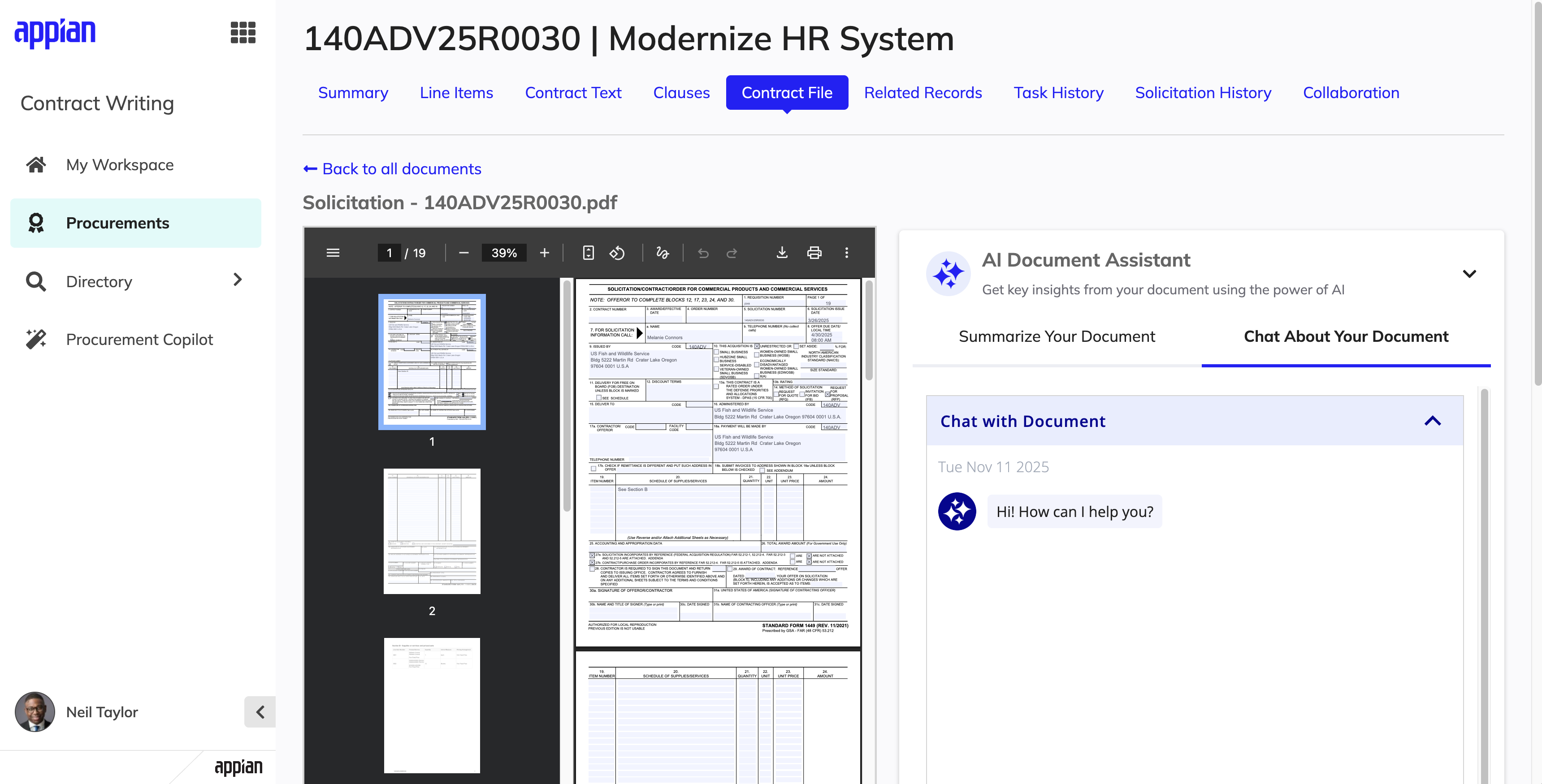 AI Document Assistant chat interface for contract document questions