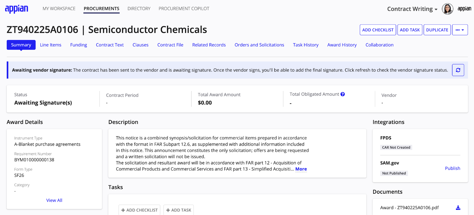 DocuSign integration showing awaiting vendor signature status