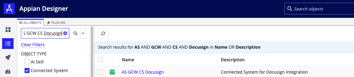Search for the docusign connected system in Appian Designer