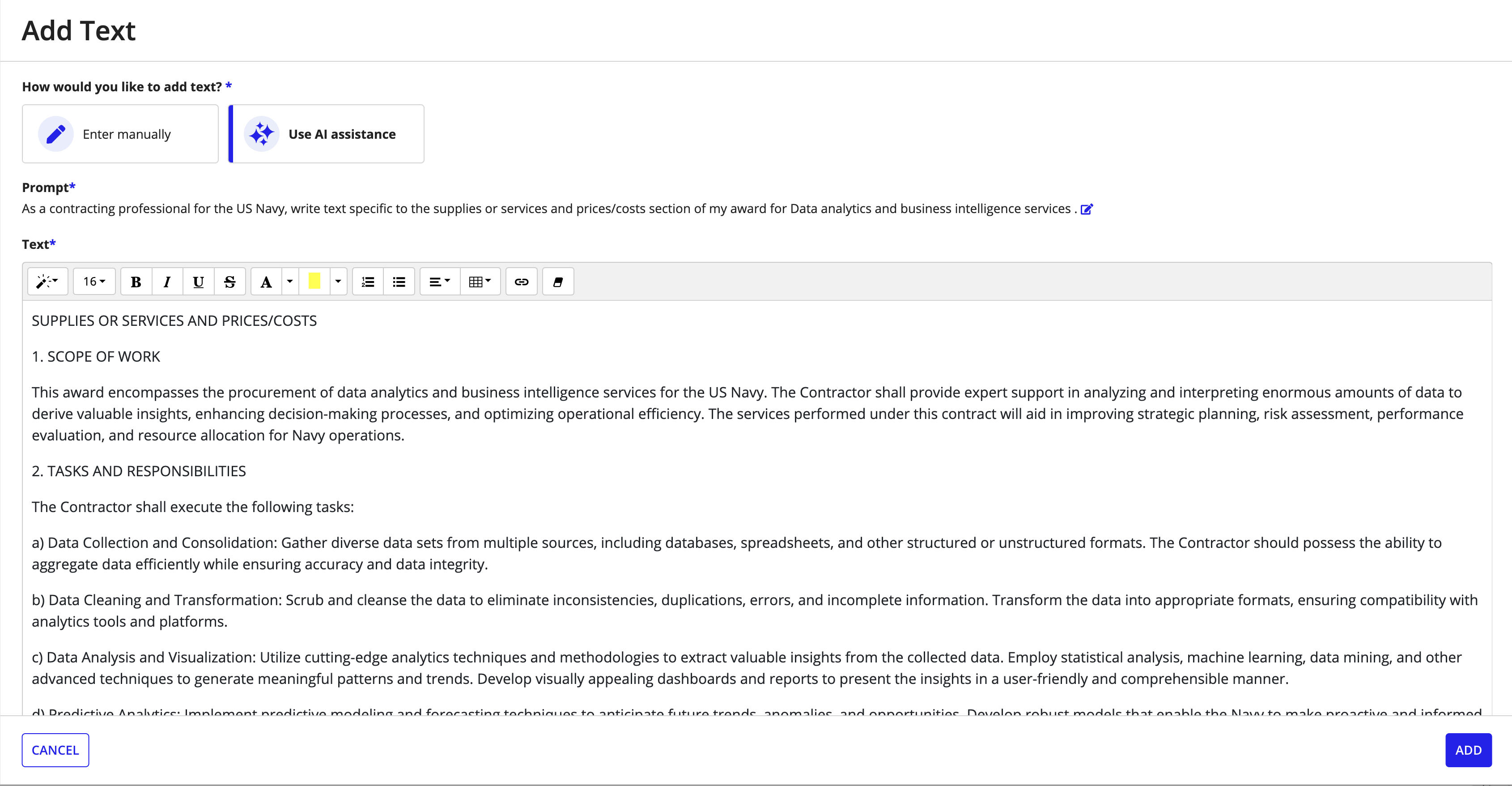 Contract Writing generative AI interface for creating contract text