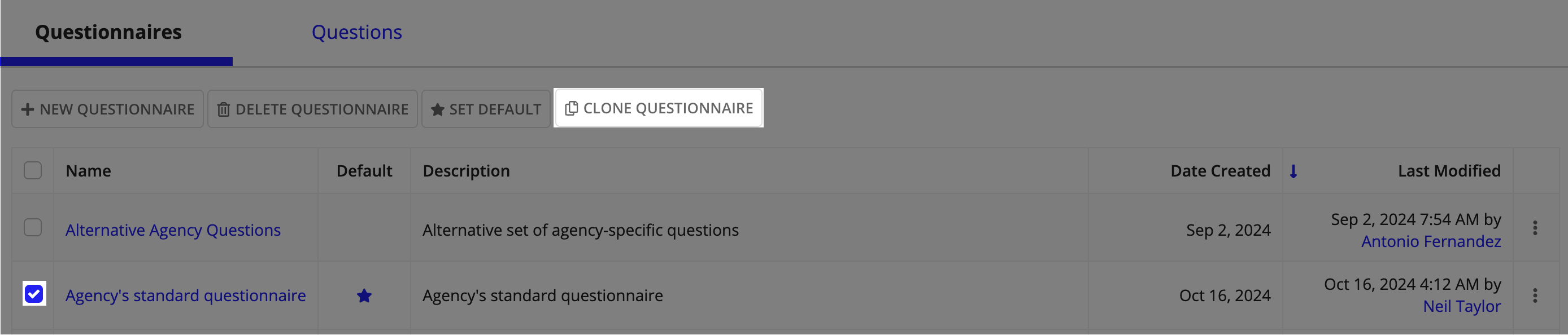 Questionnaire list with checkbox selected for cloning