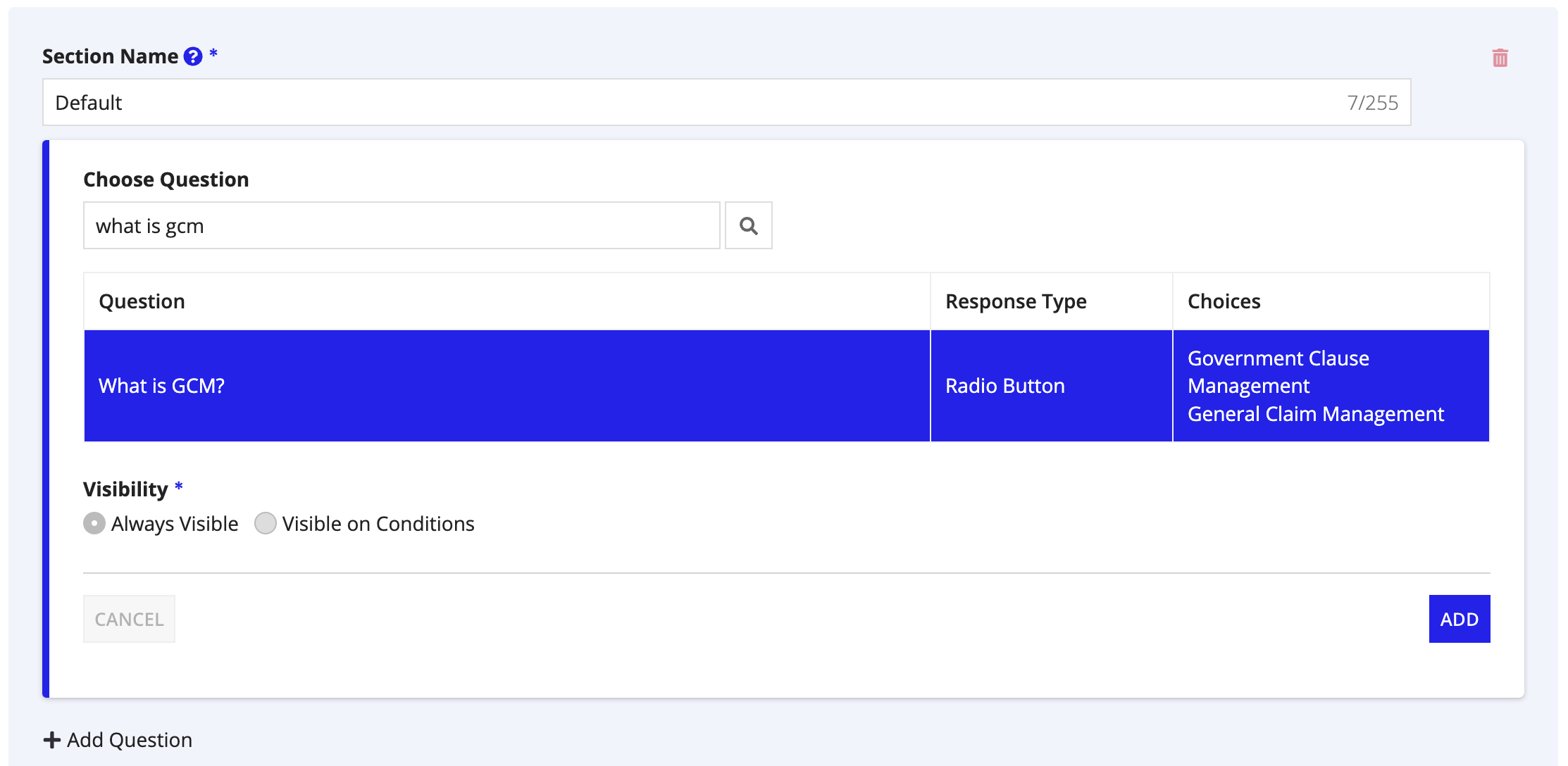 Choose Question section with search field and question grid for selection