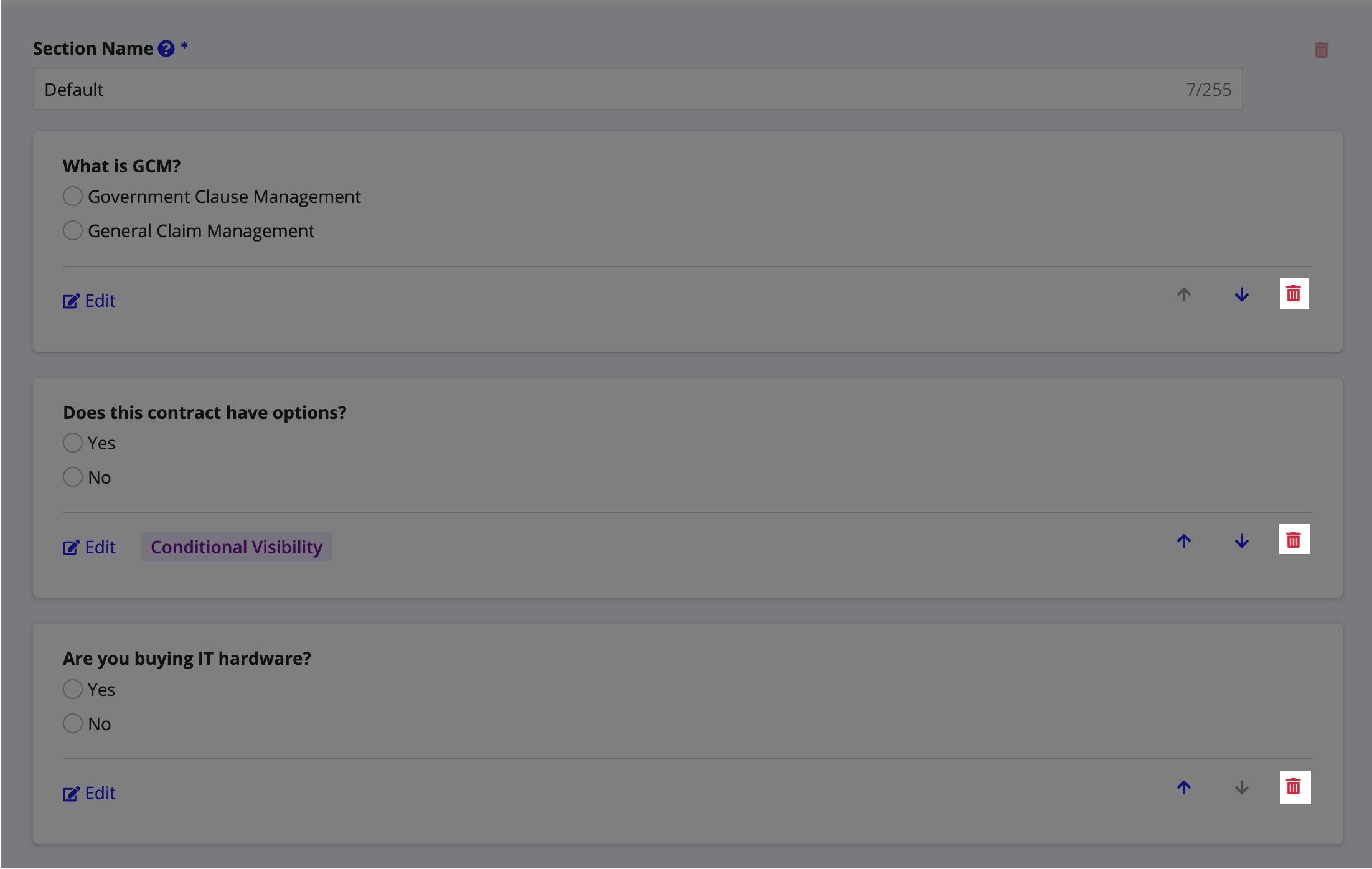 Delete icon next to a question in the questionnaire section