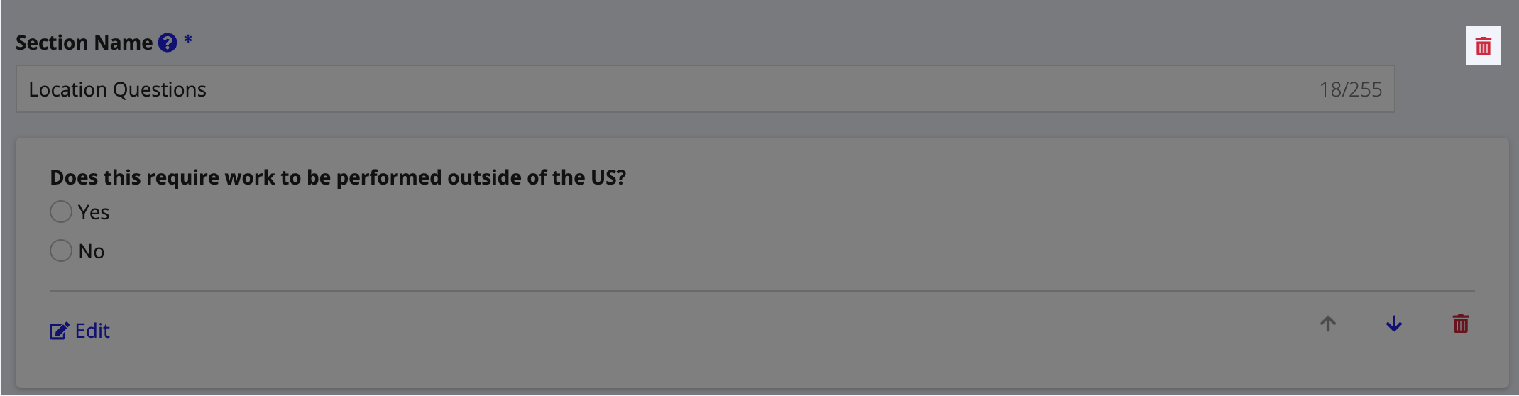 Delete icon next to a questionnaire section