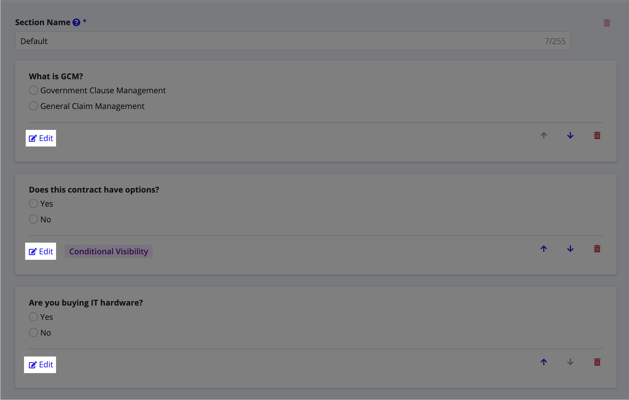 Edit button on a question for modifying or removing conditions