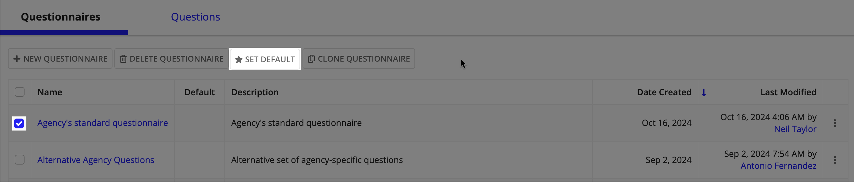 Questionnaire list with checkbox selected for setting as default