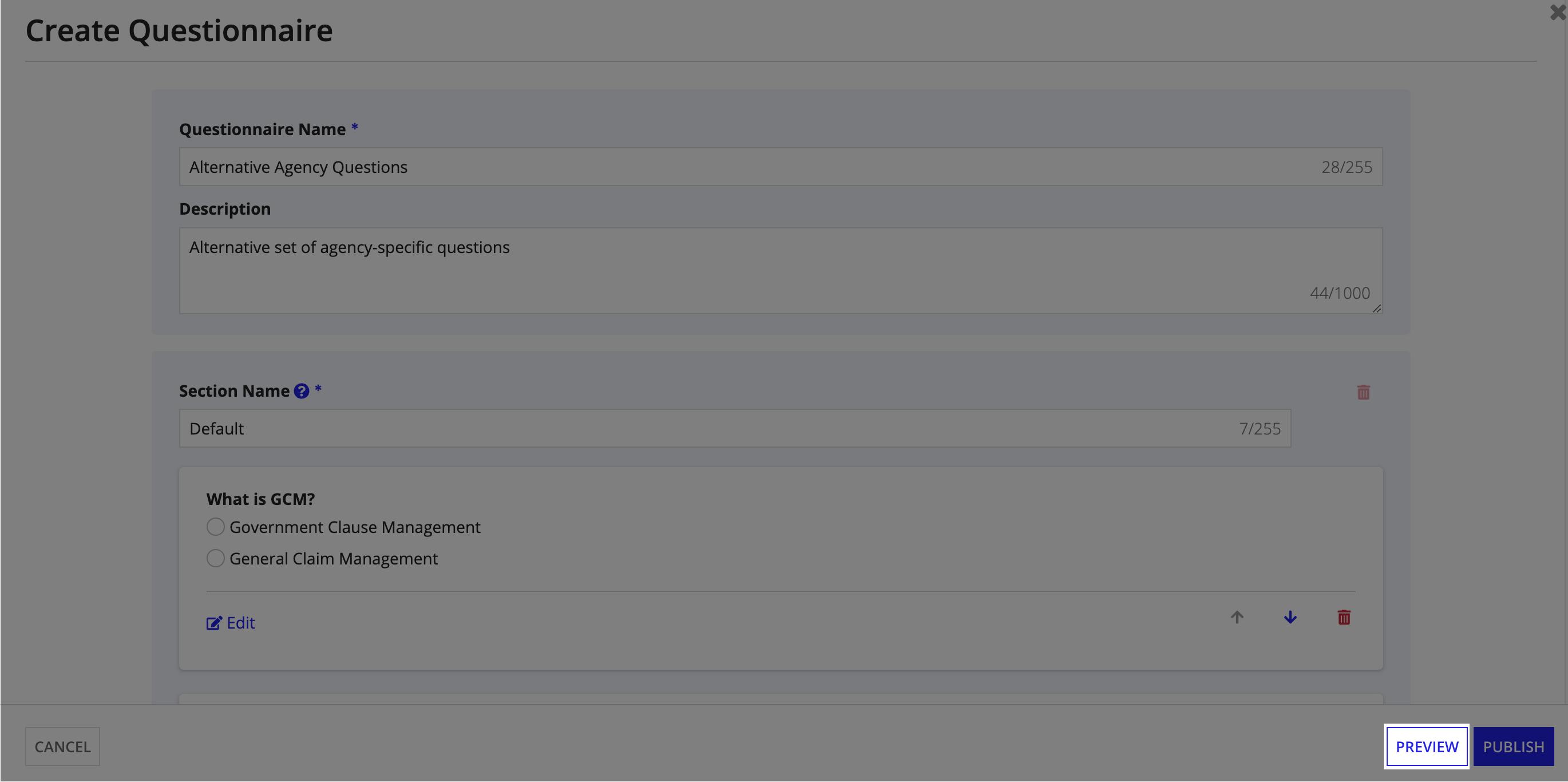 Questionnaire preview showing how questions appear to users