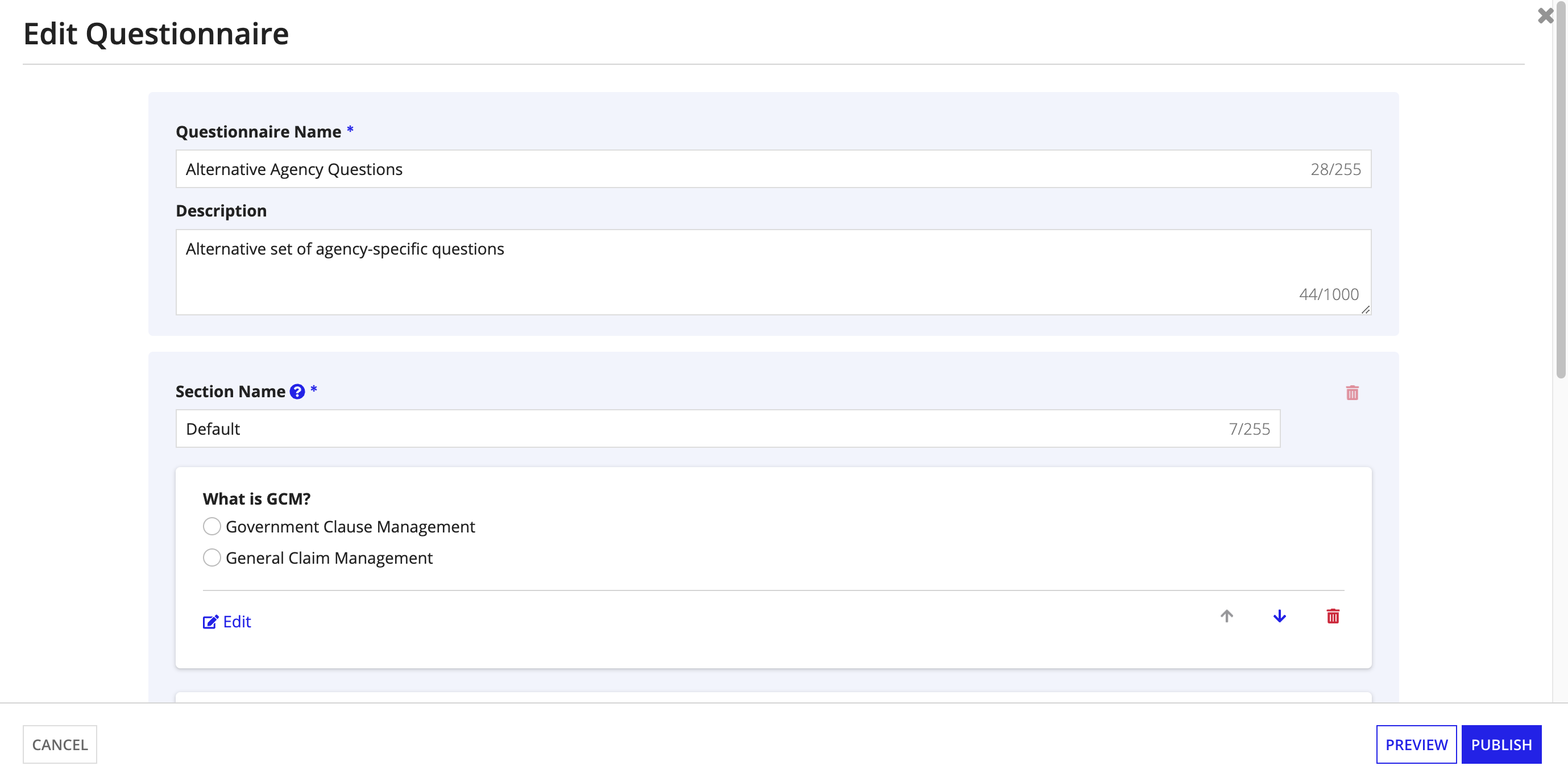 Edit Questionnaire form with editable questionnaire name, description, and section name fields