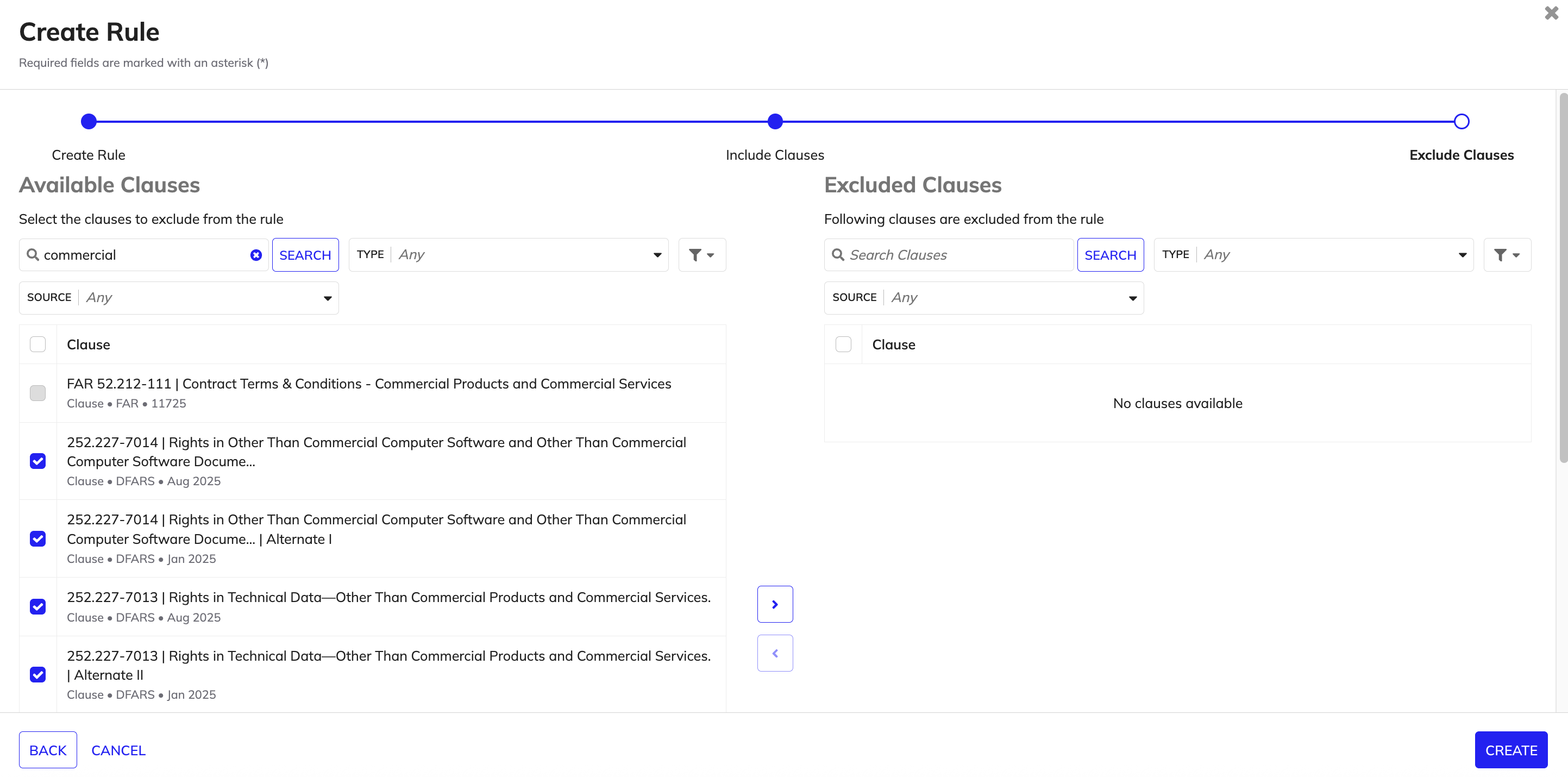 Available clauses for exclusion in Create Rule wizard