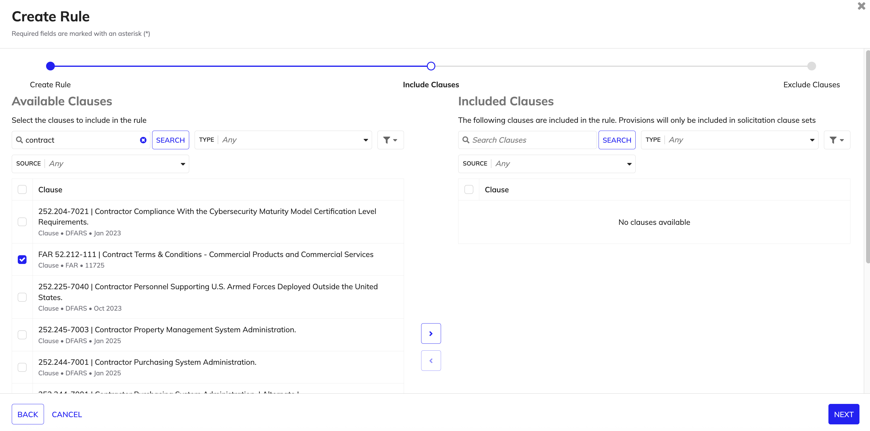 Available clauses for inclusion in Create Rule wizard