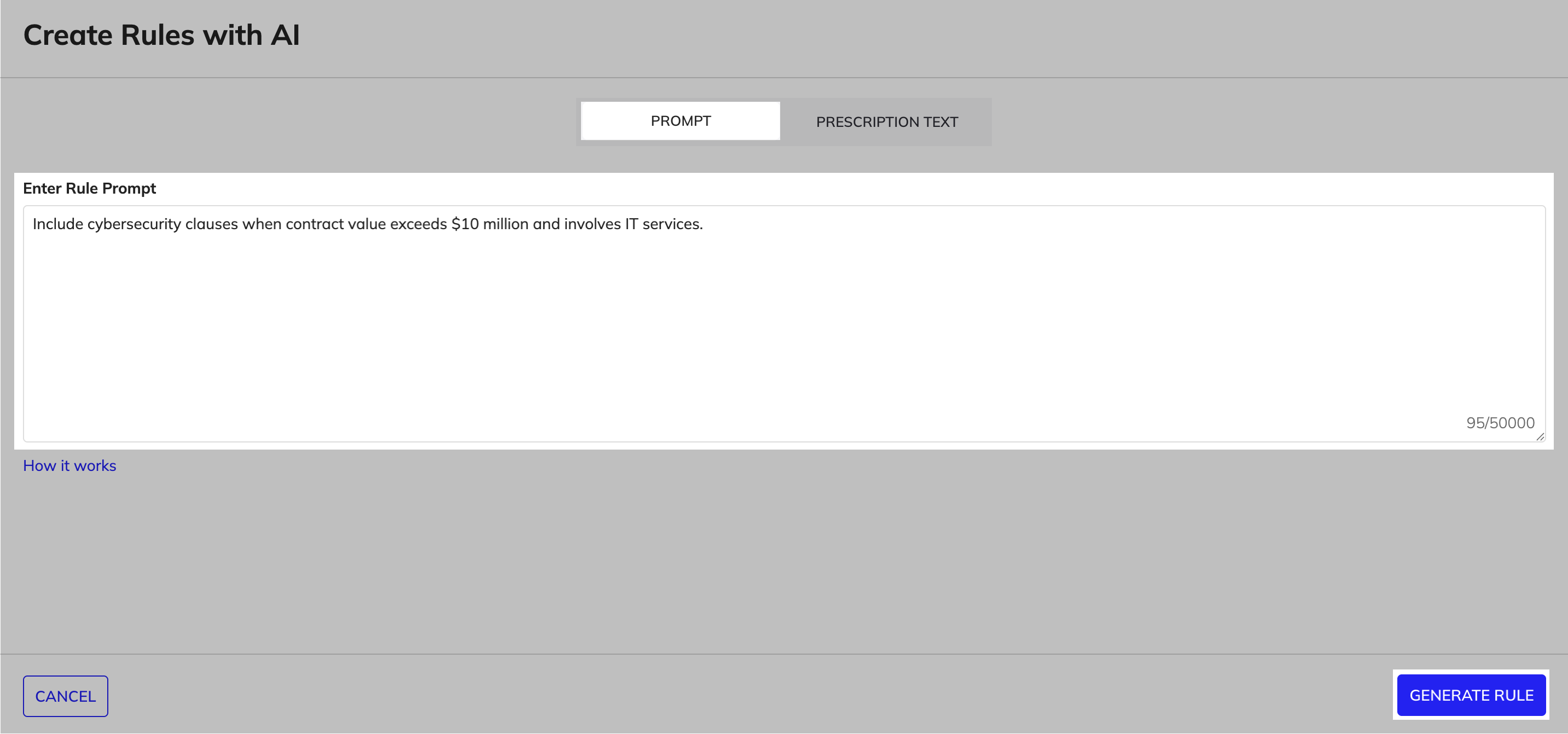 AI Rule Builder prompt screen