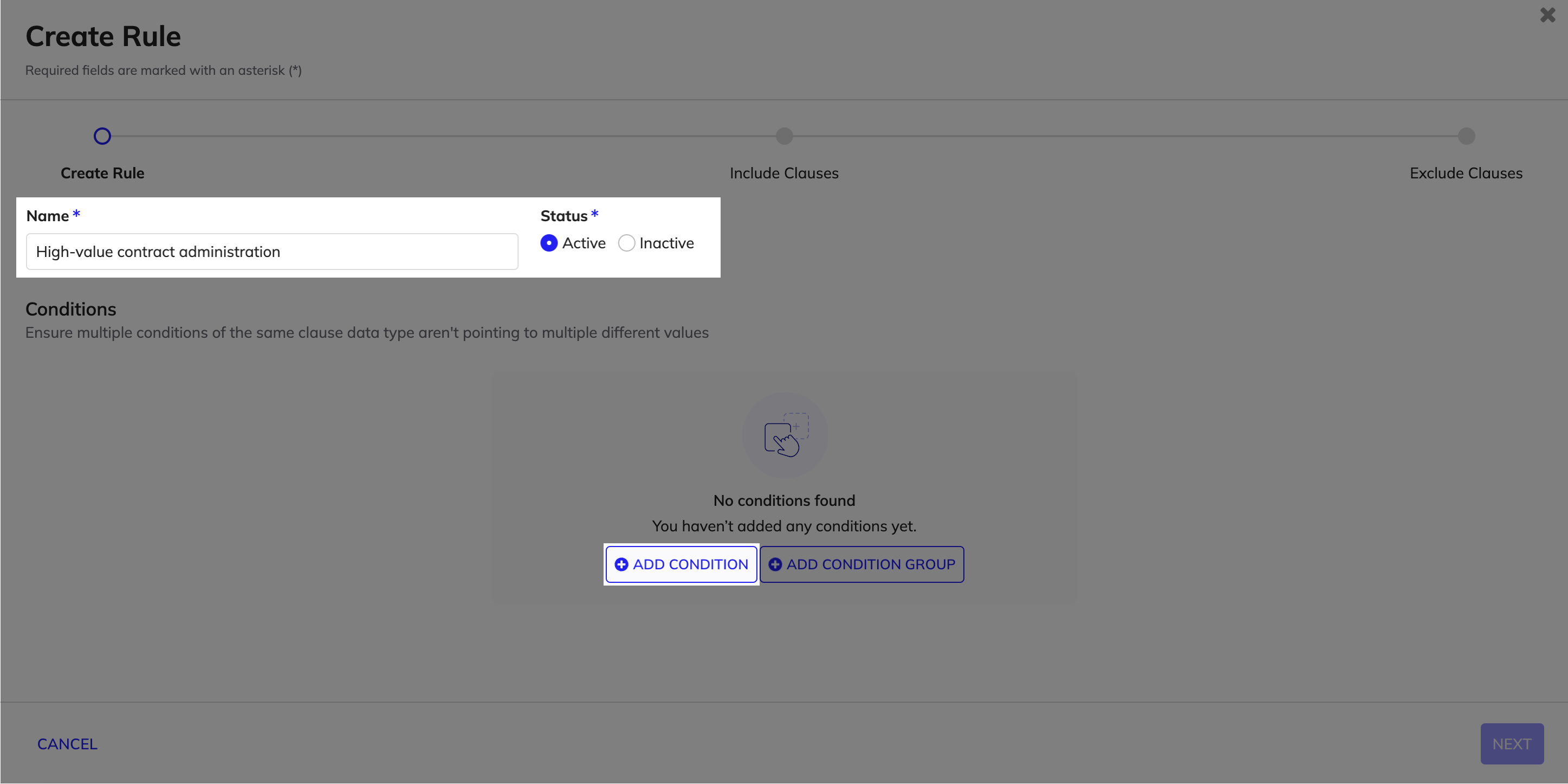 Create Rule wizard in GCA