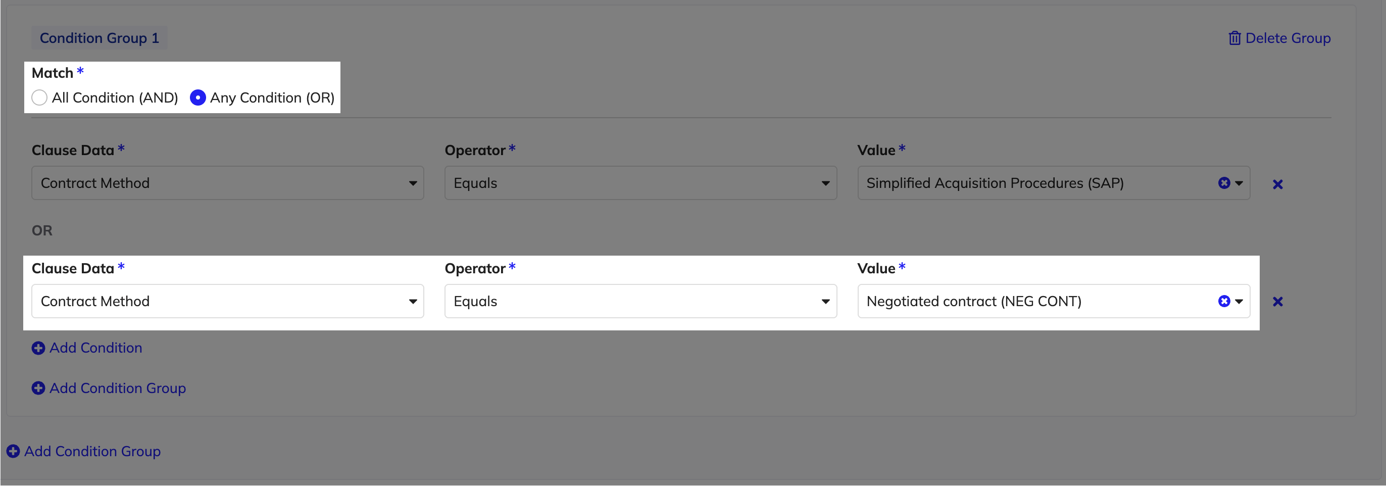 A new condition in the second condition group